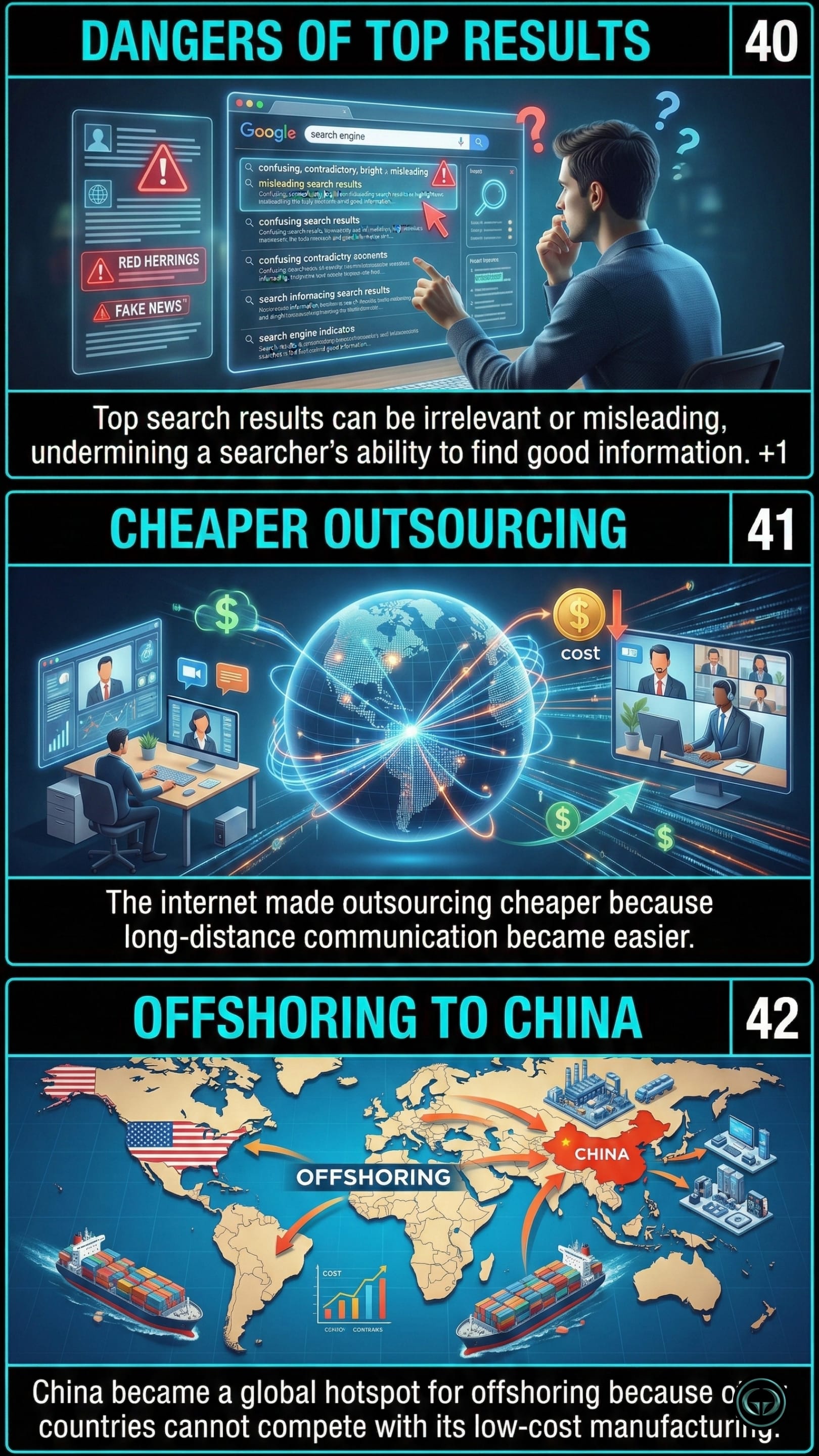 Infographic illustrating three The World Is Flat insights by Thomas L Friedman: Top panel shows the dangers of misleading top search results; Middle panel depicts the economics of cheaper digital outsourcing; Bottom panel visualizes global manufacturing offshoring to China.