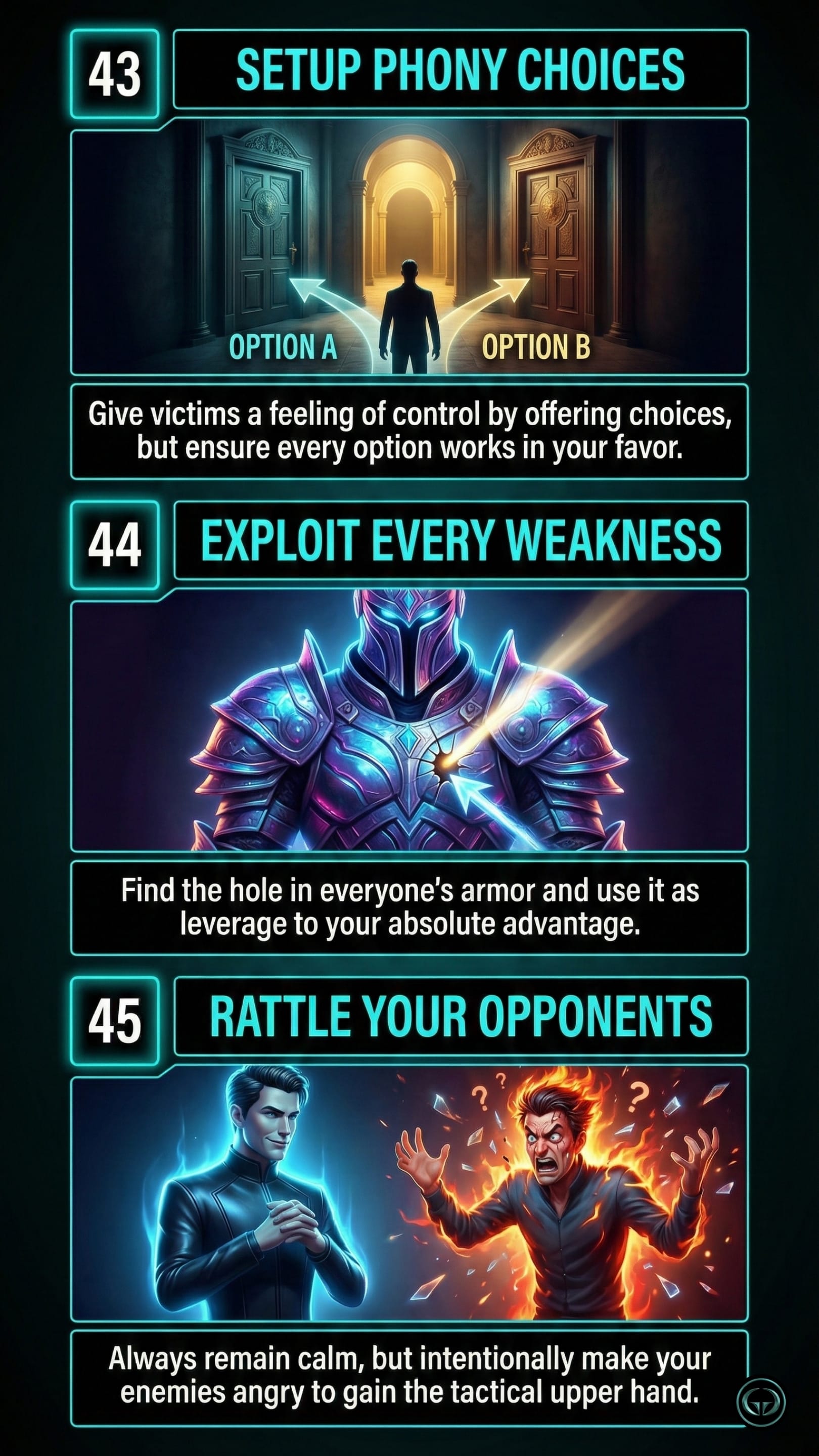 Graphic for Robert Greene's 48 Laws of Power showing Laws 43 to 45. Panel one, 'Setup Phony Choices', shows a silhouette facing two doors that lead to the same glowing hallway. Panel two, 'Exploit Every Weakness', features a glowing arrow striking the single weak spot in a knight's heavy armor. Panel three, 'Rattle Your Opponents', shows a perfectly calm man standing before a furious, fiery enemy.