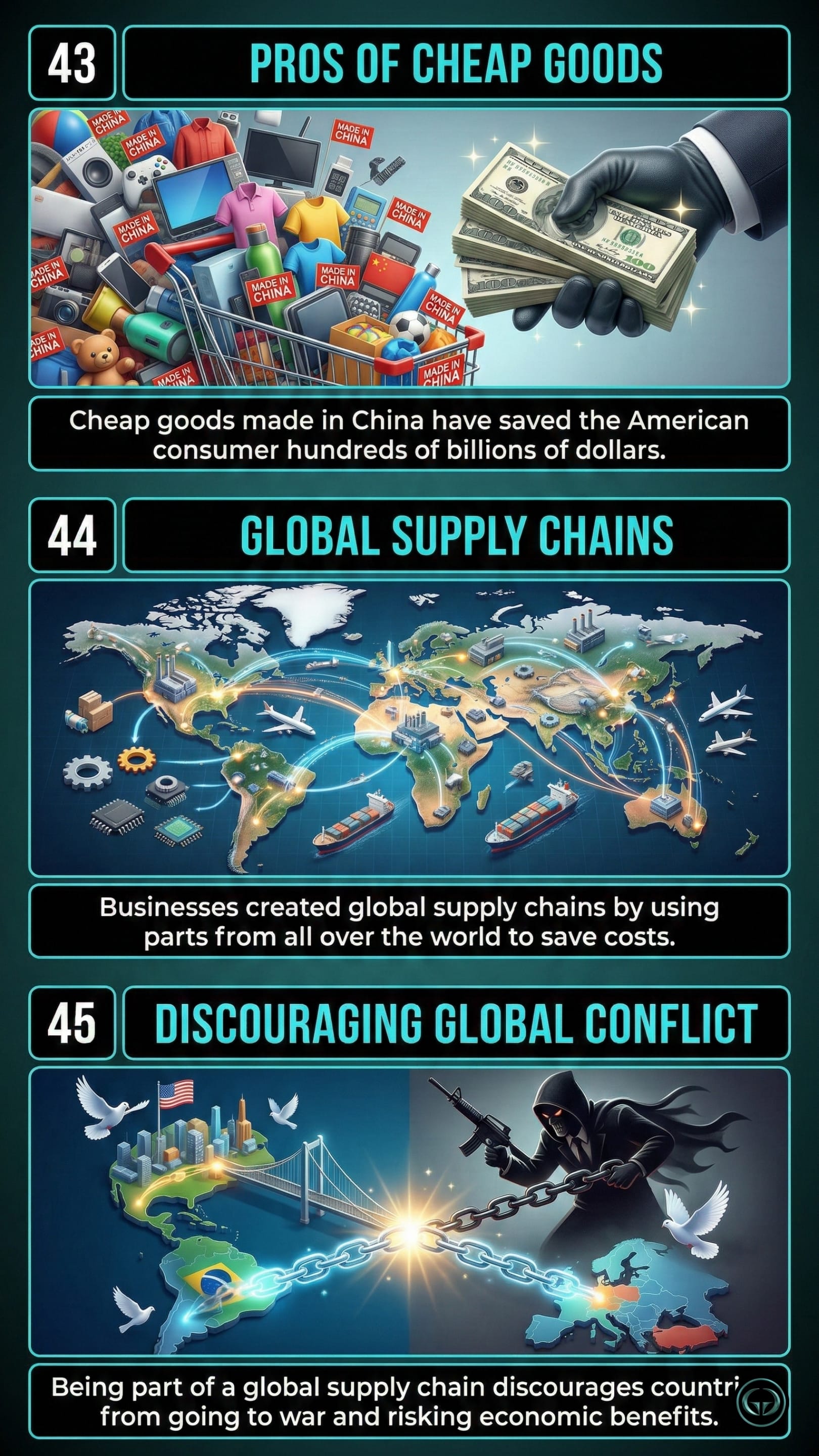 Infographic illustrating three The World Is Flat insights by Thomas L Friedman: Top panel shows consumer financial benefits of cheap imported goods; Middle panel depicts cost-saving global supply chains; Bottom panel visualizes economic interdependence discouraging global conflict.