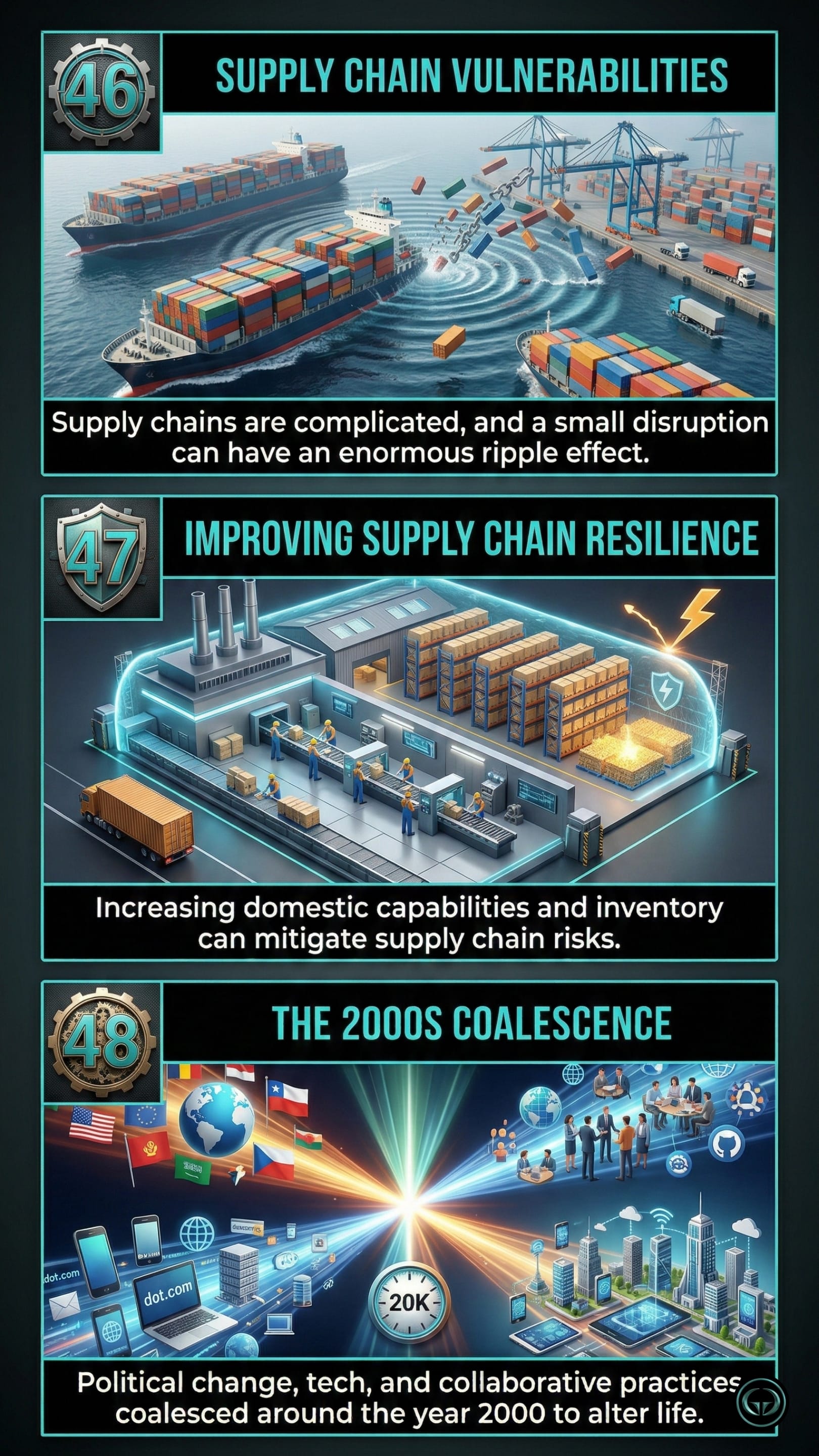 Infographic illustrating three The World Is Flat insights by Thomas L Friedman: Top panel shows the ripple effects of supply chain vulnerabilities; Middle panel depicts improving supply chain resilience via domestic capabilities; Bottom panel visualizes the year 2000 technological coalescence.