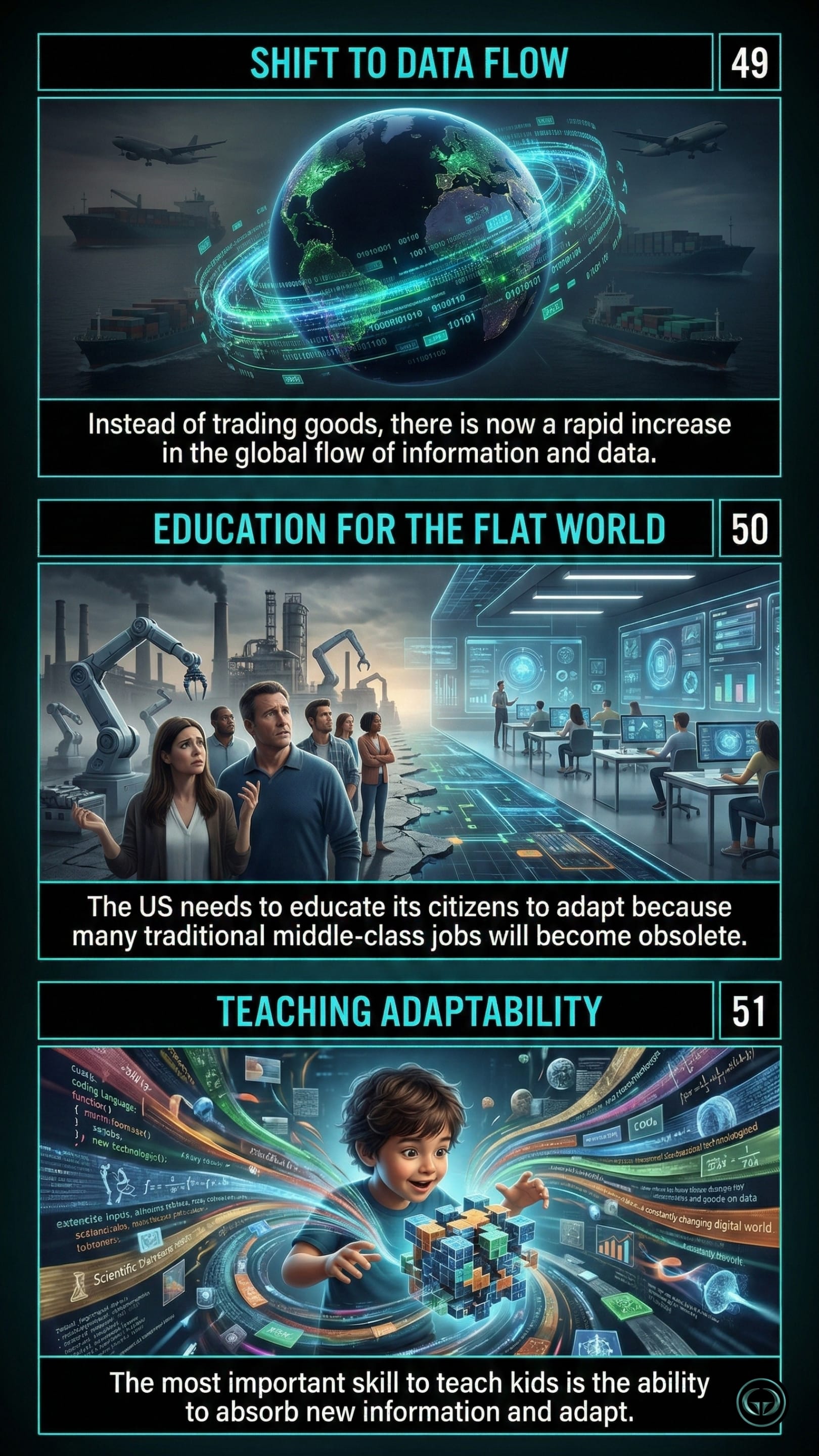Infographic illustrating three The World Is Flat insights by Thomas L Friedman: Top panel shows global trade shifting to digital data flow; Middle panel depicts educating citizens for an adapting global economy; Bottom panel visualizes teaching children crucial adaptability skills.