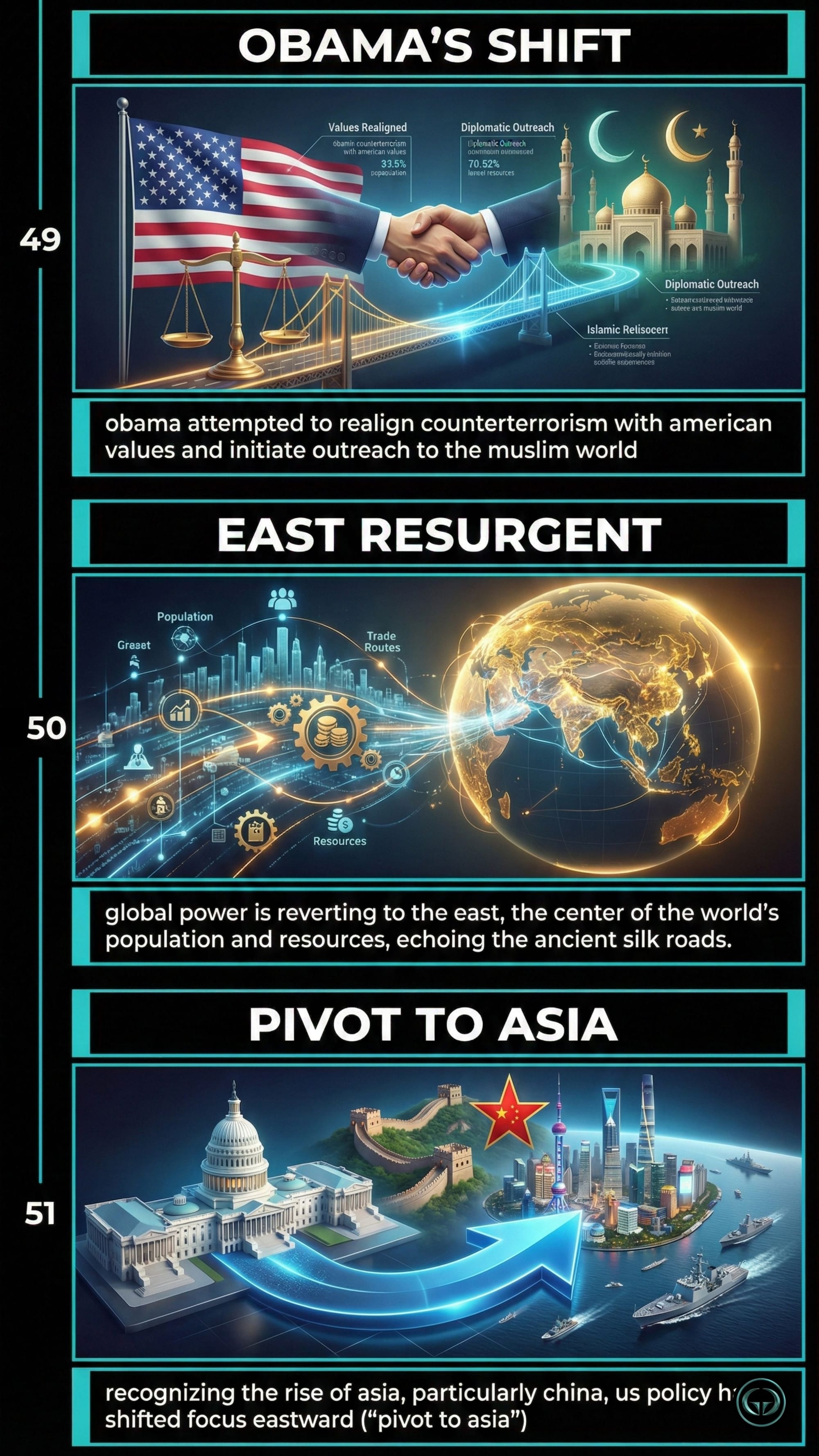 Modern shifts in The Silk Roads infographic. Panel 49: Obama's shift in counterterrorism and outreach to the Muslim world. Panel 50: Illustration of global power reverting to the East, echoing ancient Silk Road trade routes. Panel 51: The US "Pivot to Asia" recognizing China's rising global influence.