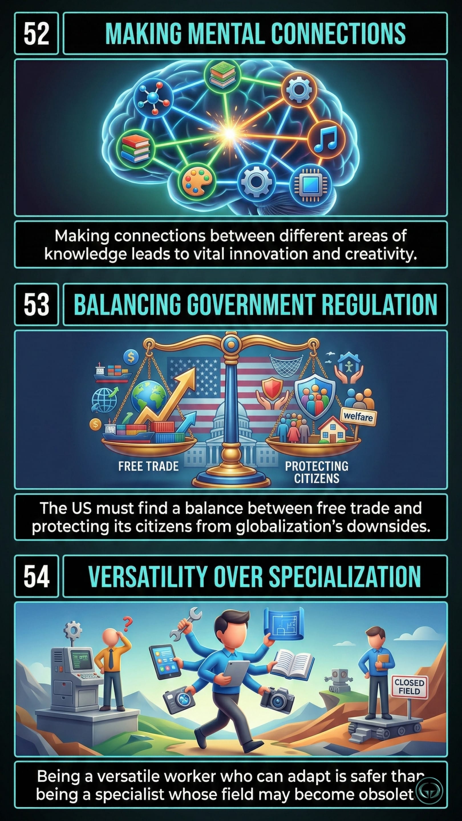 Infographic illustrating three The World Is Flat insights by Thomas L Friedman: Top panel shows vital innovation through cross-disciplinary mental connections; Middle panel depicts balancing free market trade with protective government regulation; Bottom panel visualizes worker versatility outlasting rigid specialization.