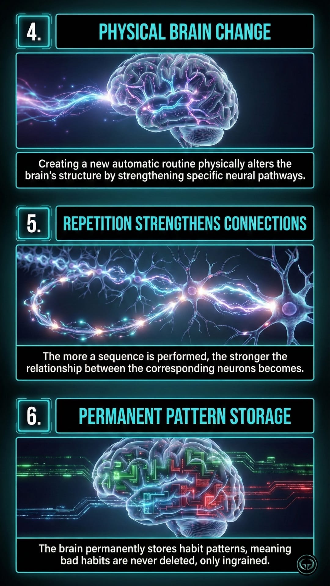 Panel 4: A graphic insight of the book 'The Power Of Habit' titled "Physical Brain Change," showing glowing neural pathways to illustrate how habits physically alter brain structure. Panel 5: A graphic insight of the book 'The Power Of Habit' titled "Repetition Strengthens Connections," featuring a detailed view of neurons with electric arcs connecting them through repeated actions. Panel 6: A graphic insight of the book 'The Power Of Habit' titled "Permanent Pattern Storage," showing a brain with circuit-board patterns, illustrating that bad habits are never deleted, only overridden.