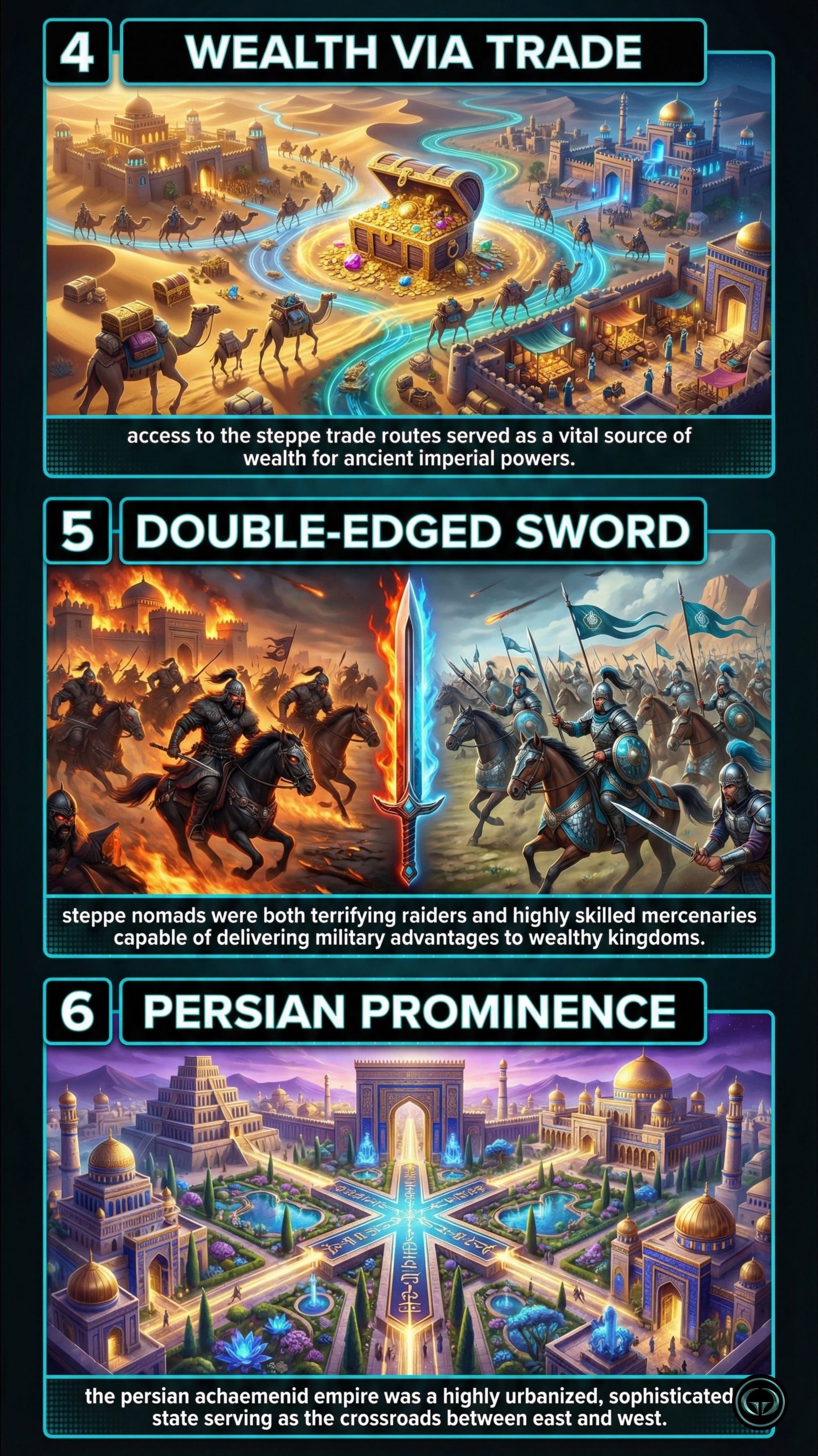 The Silk Roads book summary graphic: Panels 4-6 depict wealth accumulation via steppe trade routes, the double-edged sword of nomadic mercenaries and raiders, and the urbanized sophistication of the Persian Achaemenid Empire.