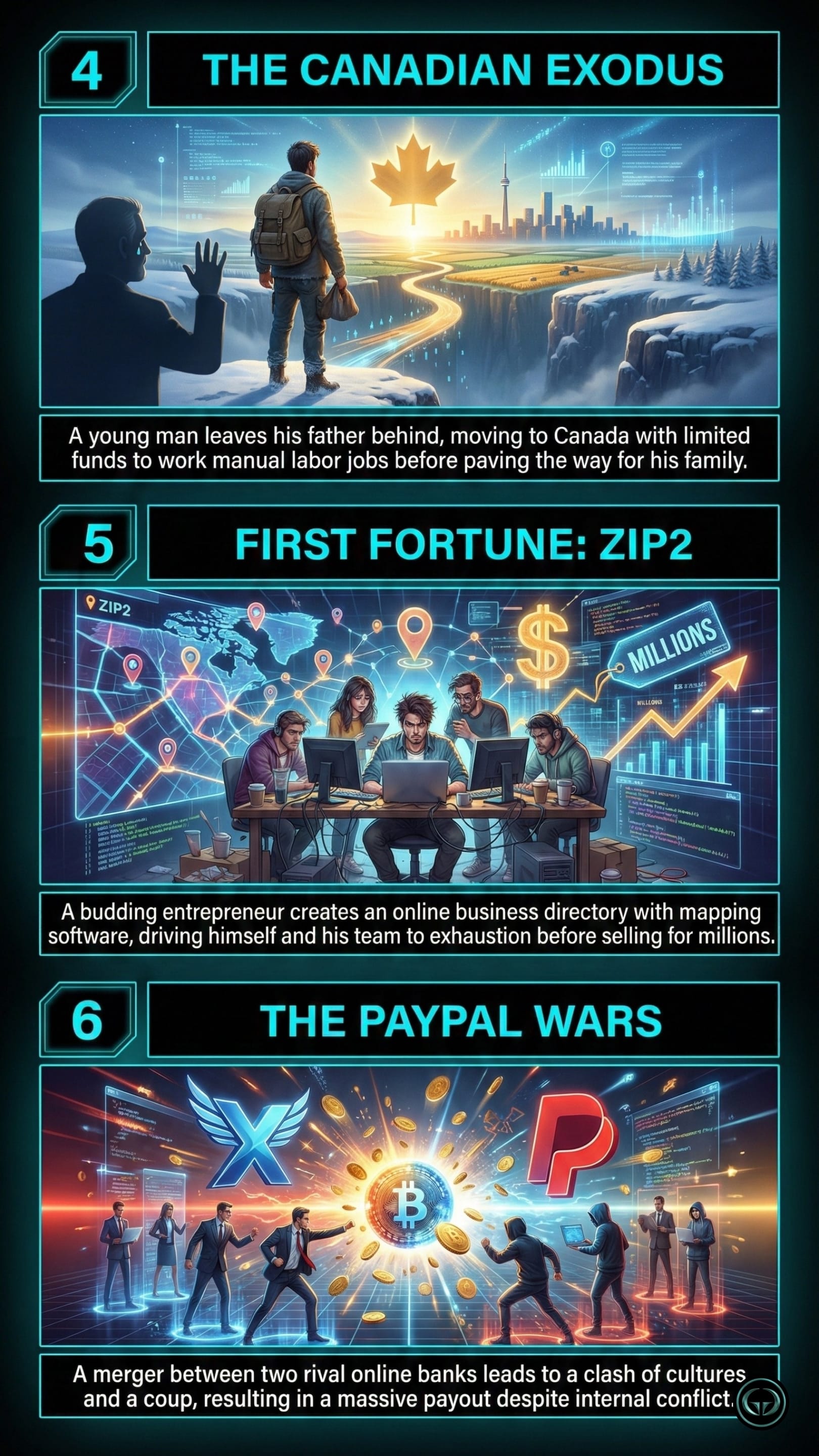 Visual summary of Elon Musk's early career from Walter Isaacson's book. Panel 4 (The Canadian Exodus) shows a young man moving to Canada for manual labor jobs. Panel 5 (First Fortune: Zip2) illustrates the creation and sale of an online business directory. Panel 6 (The PayPal Wars) depicts the corporate conflict and merger between X.com and PayPal.