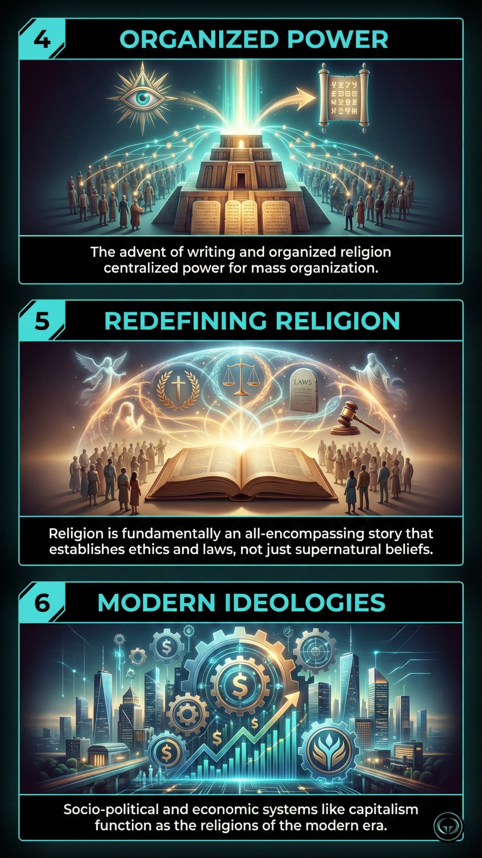 Three graphic panels summarizing Homo Deus concepts: 4. Organized Power featuring ancient temples and writing; 5. Redefining Religion showing an open holy book with scales of justice; 6. Modern Ideologies illustrating capitalism and economic systems as the new era of religion.