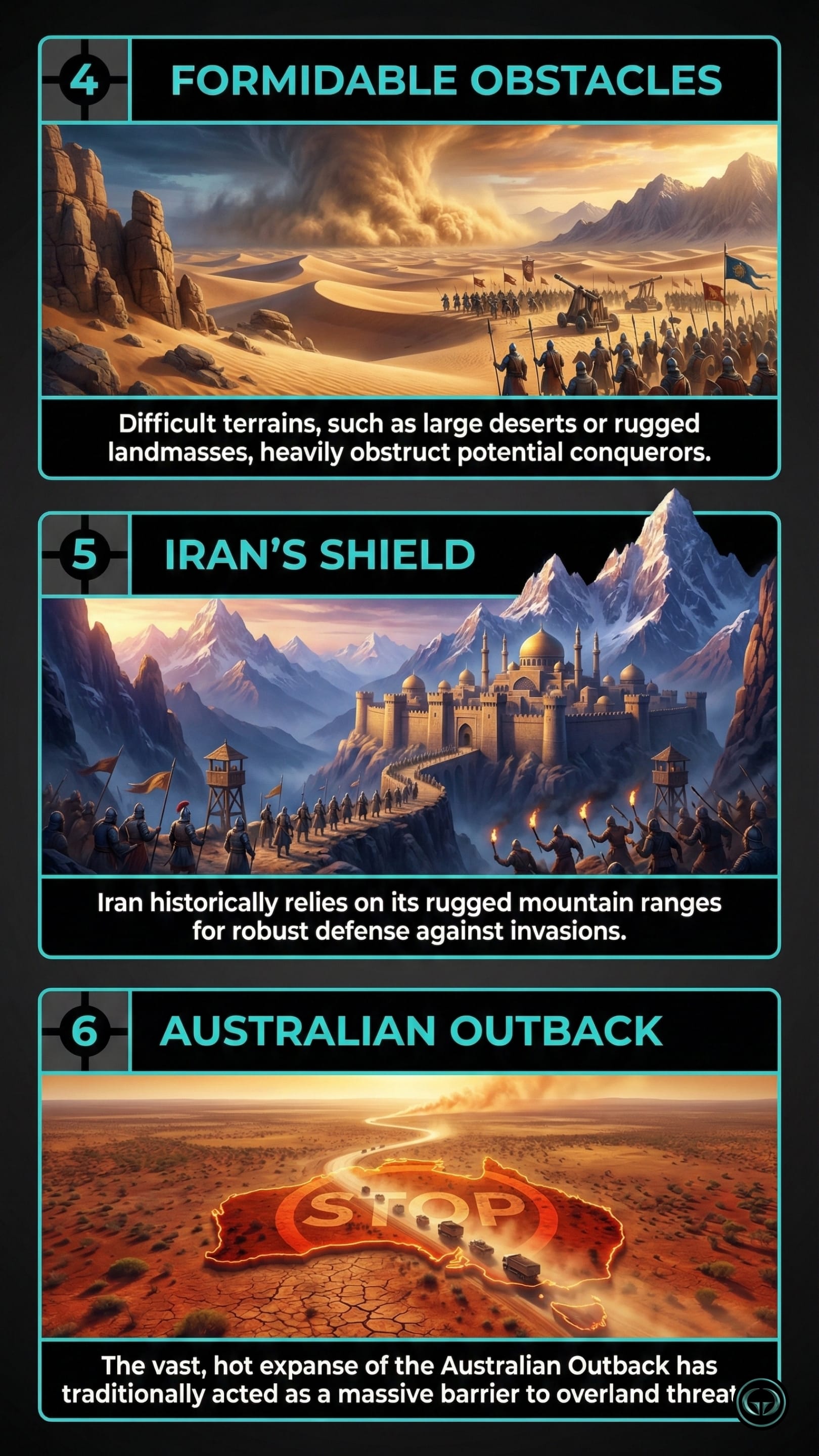 Panel 4: Formidable Obstacles. A vast, sand-swept desert with massive dunes. An ancient-style army with horse-drawn artillery is shown struggling to cross the terrain, emphasizing how deserts obstruct conquerors. Panel 5: Iran’s Shield. A fortified Persian-style palace nestled high within jagged, snow-capped mountains. A line of soldiers guards a narrow mountain path, depicting Iran’s historical reliance on rugged terrain for defense. Panel 6: Australian Outback. An orange-tinted map of Australia superimposed on cracked, arid earth. A large "STOP" sign is placed over the center, with a convoy of military trucks stalled on a long, lonely road to represent the Outback as a natural barrier.