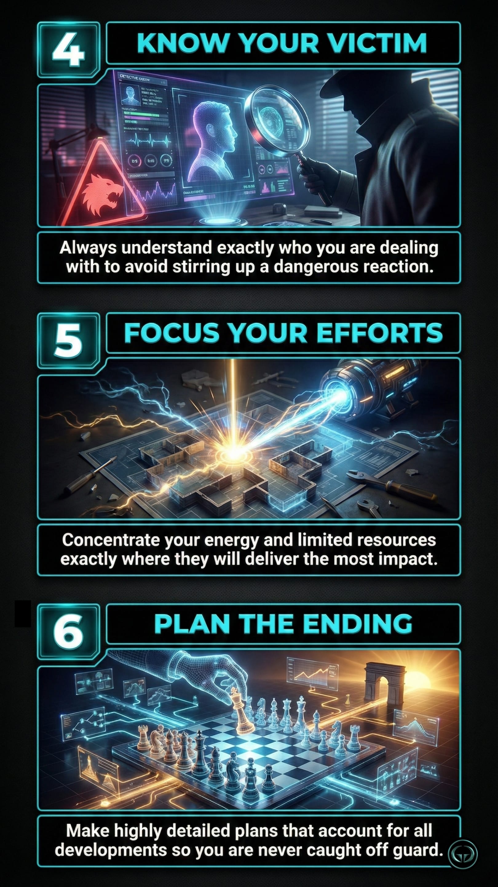 Visual book summary of The 48 Laws of Power. Digital art showing a futuristic detective analyzing a suspect hologram, a laser focusing energy on a blueprint, and a glowing holographic chessboard representing Laws 4 to 6.