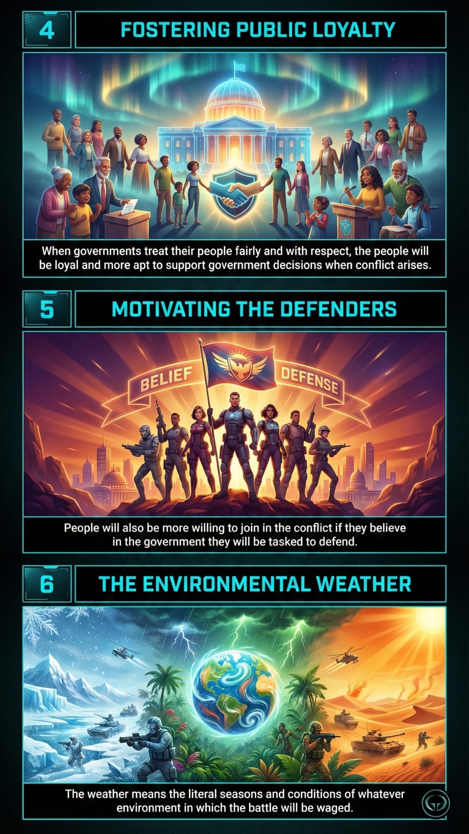 Sun Tzu’s Art of War strategy guide: 4. Fostering public loyalty shown by diverse people united at a capitol. 5. Motivating the defenders featuring a heroic squad with a 'Belief Defense' banner. 6. Environmental weather depicting a globe surrounded by lightning, snow, and desert heat.