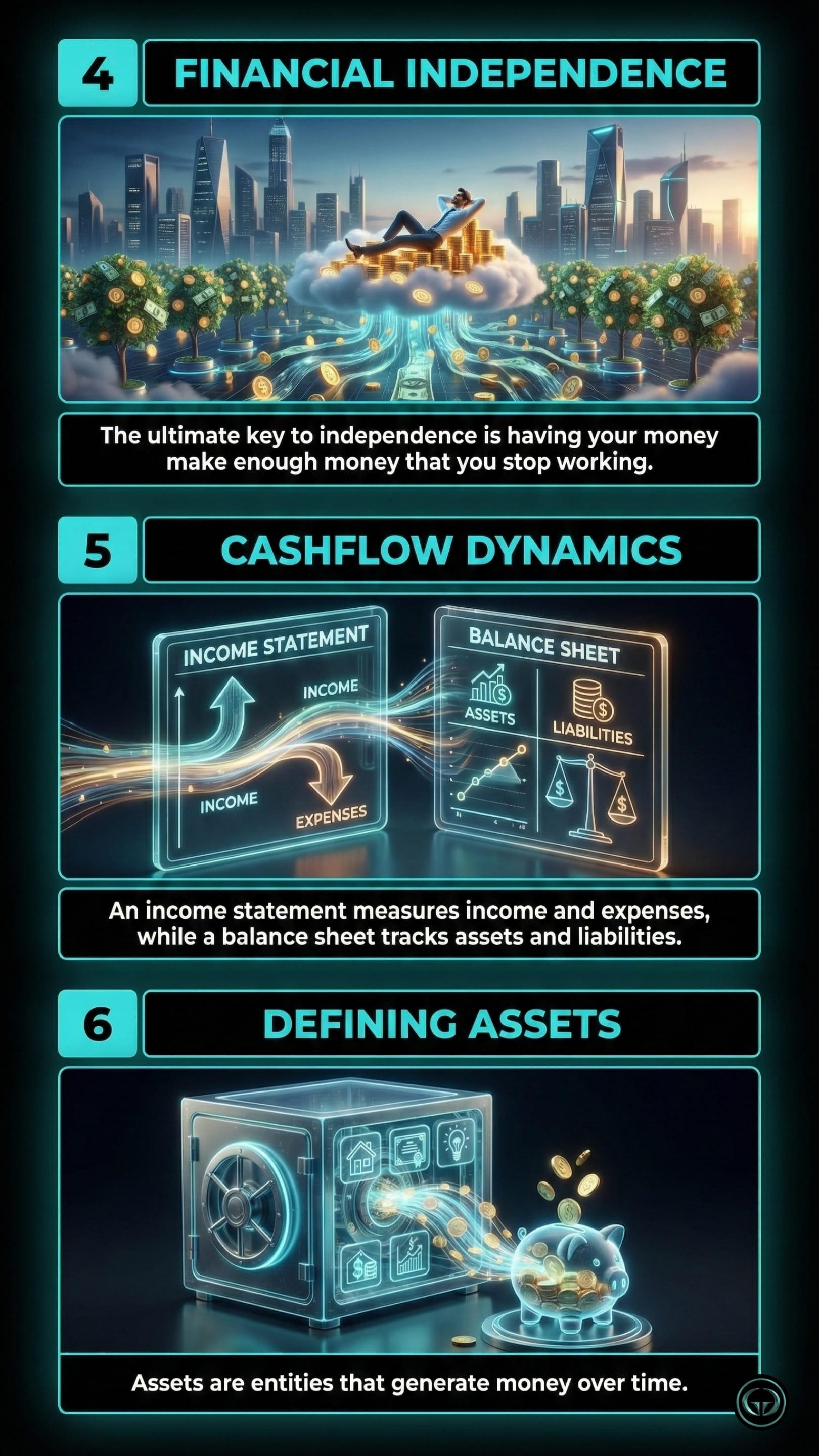 Infographic illustrating three Robert Kiyosaki insights from Rich Dad Poor Dad: Top panel shows achieving financial independence via passive income; Middle panel depicts cash flow dynamics between income and balance sheets; Bottom panel visualizes assets as entities generating continuous wealth.