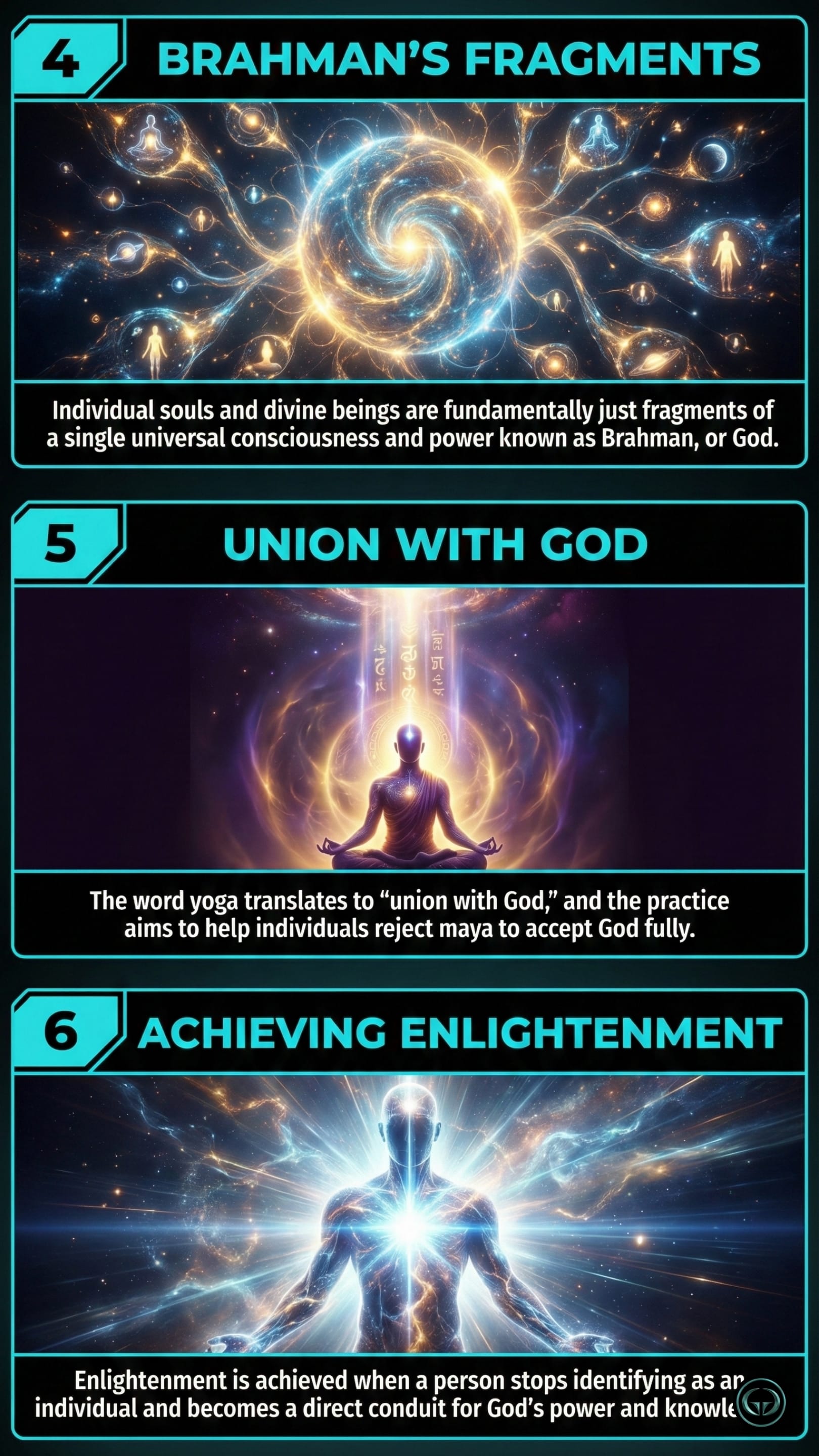 Infographic illustrating three Autobiography of a Yogi insights by Paramahansa Yogananda: Top panel shows souls as fragments of Brahman; Middle panel depicts yoga as union with God; Bottom panel visualizes achieving spiritual enlightenment.