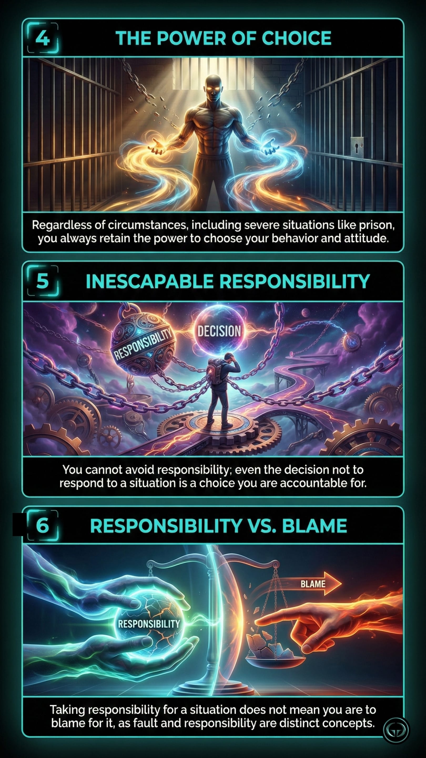 Infographic illustrating three The Subtle Art of Not Giving a F*ck insights by Mark Manson: Top panel shows the power of choice regardless of external circumstances; Middle panel depicts inescapable accountability in daily decision-making; Bottom panel visualizes the critical difference between taking responsibility and assigning blame.