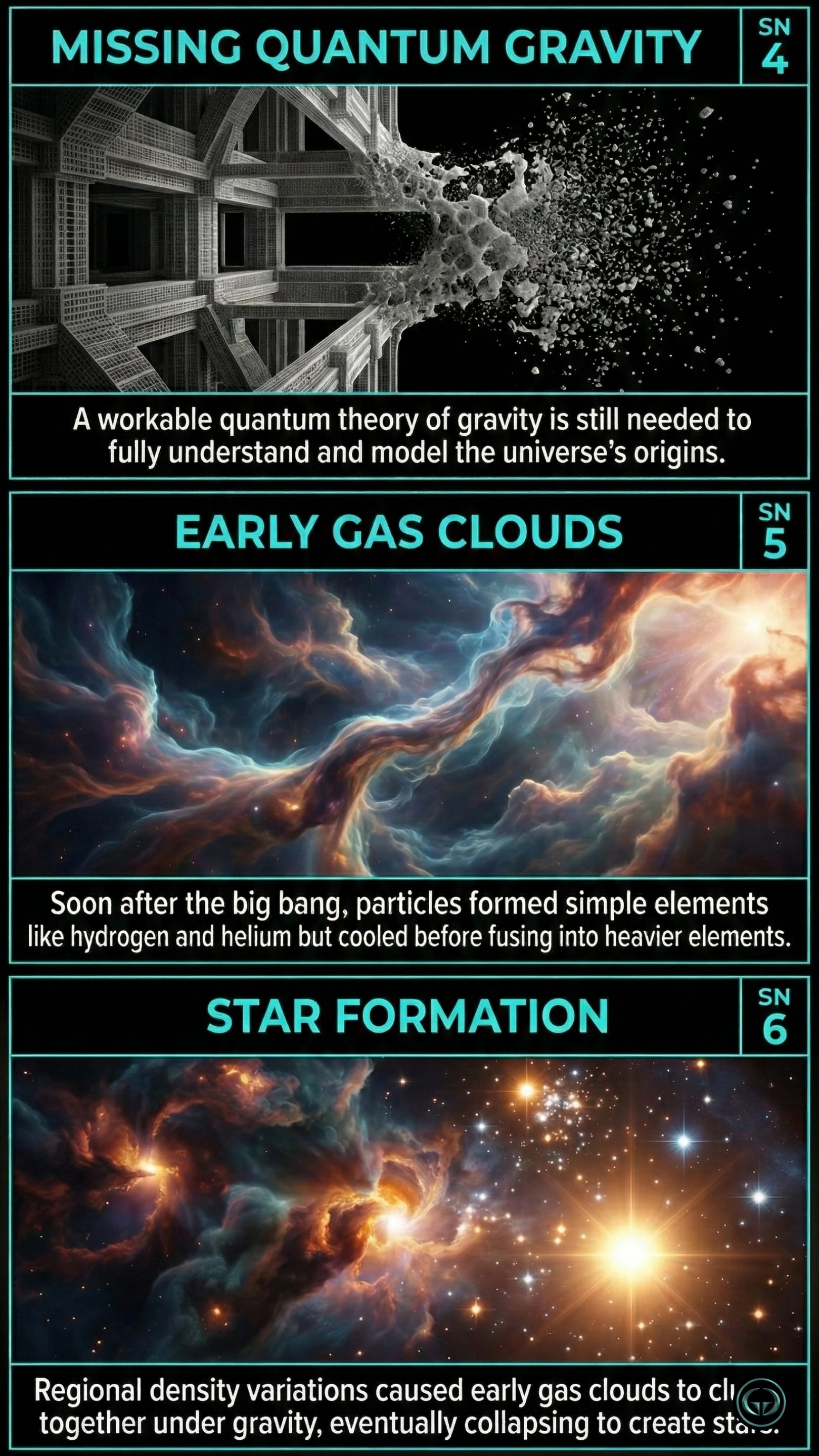 Infographic illustrating three A Short History of Nearly Everything insights by Bill Bryson: Top panel shows the search for a quantum gravity theory; Middle panel depicts early hydrogen gas clouds; Bottom panel visualizes regional density causing star formation.