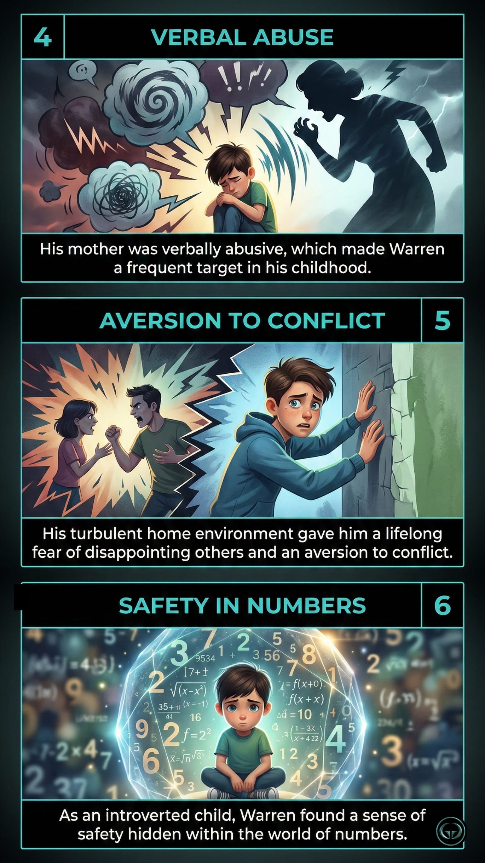 Infographic of The Snowball by Alice Schroeder: Top panel illustrates the verbal abuse Buffett faced; Middle depicts his resulting aversion to conflict; Bottom shows a young Warren finding psychological safety in numbers and mathematical certainty.