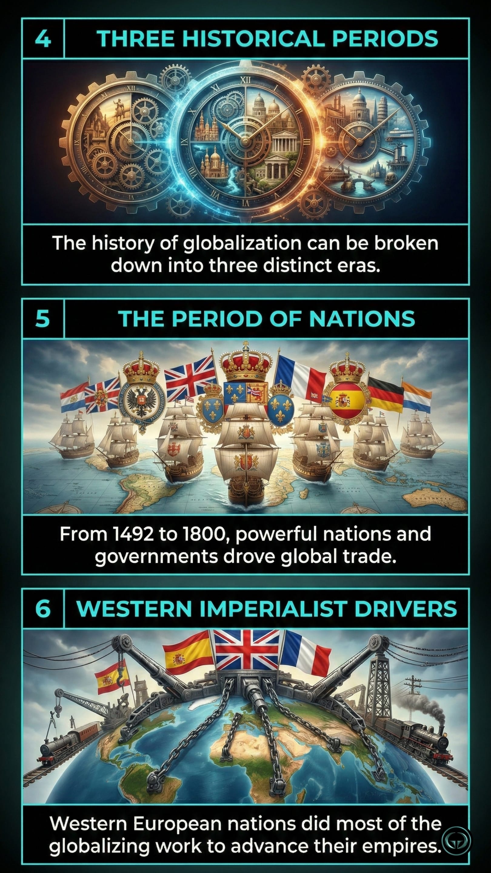 Infographic illustrating three The World Is Flat insights by Thomas L. Friedman: Top panel shows three historical eras of globalization; Middle panel depicts powerful nations driving early global trade; Bottom panel visualizes Western imperialist nations as the primary early globalizing drivers.