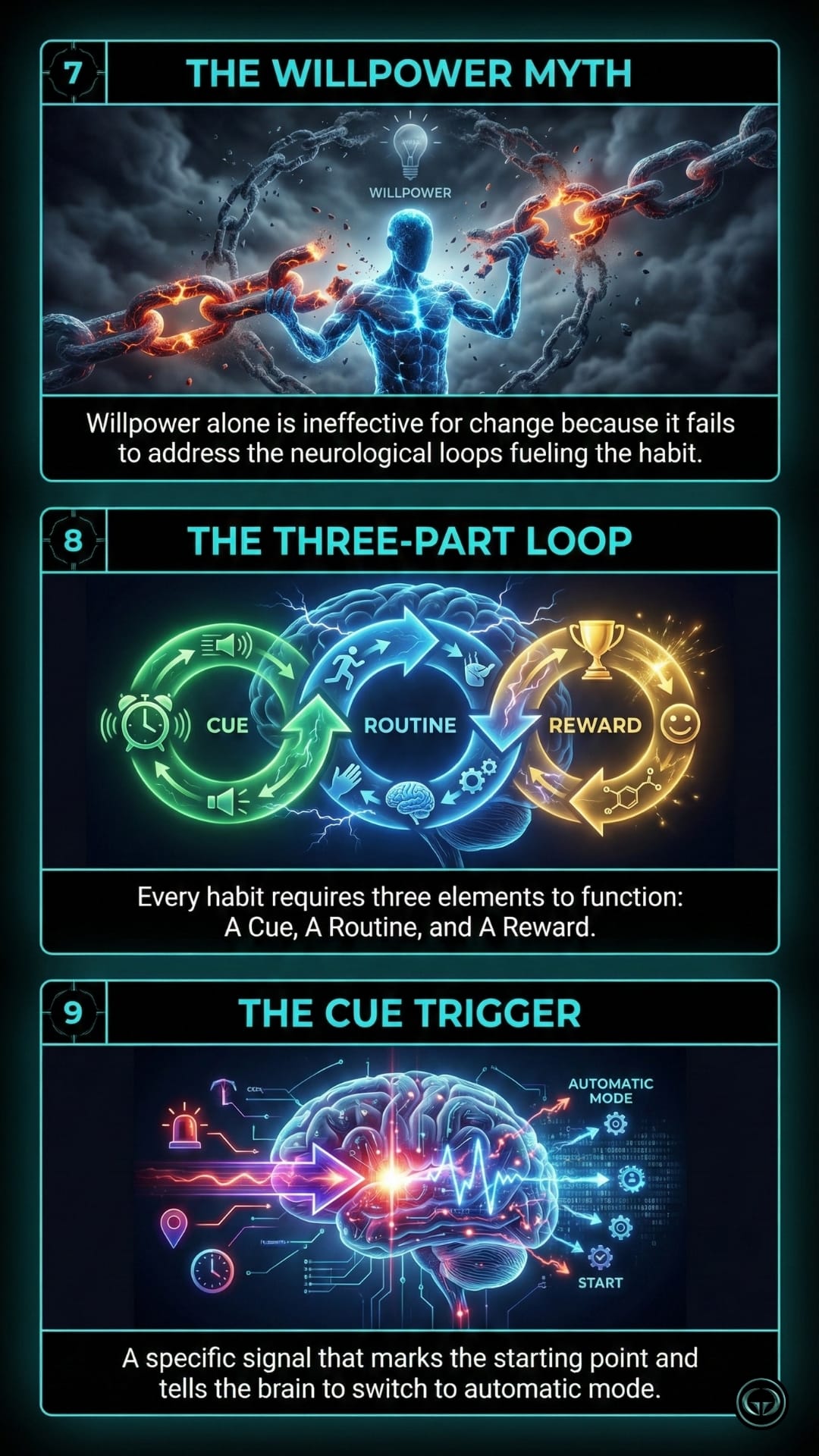 Panel 7: A graphic insight of the book 'The Power Of Habit' titled "The Willpower Myth," showing a glowing figure breaking chains, explaining that willpower alone cannot fix neurological habit loops. Panel 8: A graphic insight of the book 'The Power Of Habit' titled "The Three-Part Loop," featuring a circular diagram of the "Cue," "Routine," and "Reward" cycle. Panel 9: A graphic insight of the book 'The Power Of Habit' titled "The Cue Trigger," showing a brain receiving a lightning-bolt signal that triggers "Automatic Mode."