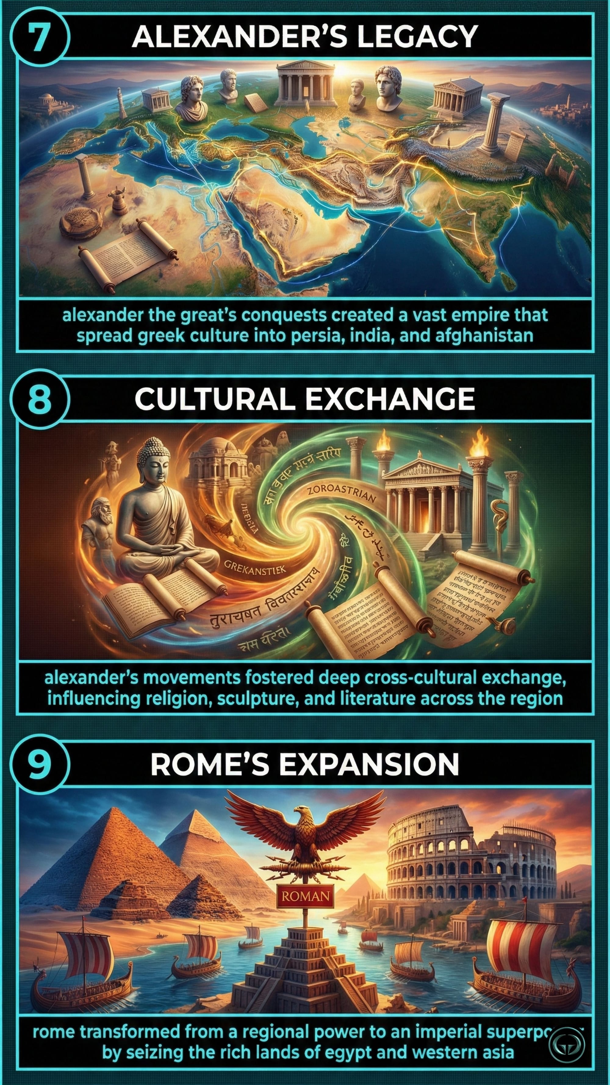 Visual insights from Peter Frankopan’s The Silk Roads: Panels 7-9 cover Alexander the Great’s legacy in spreading Greek culture, the resulting deep cultural and religious exchange, and the Roman Empire’s expansion into Egypt and Western Asia.