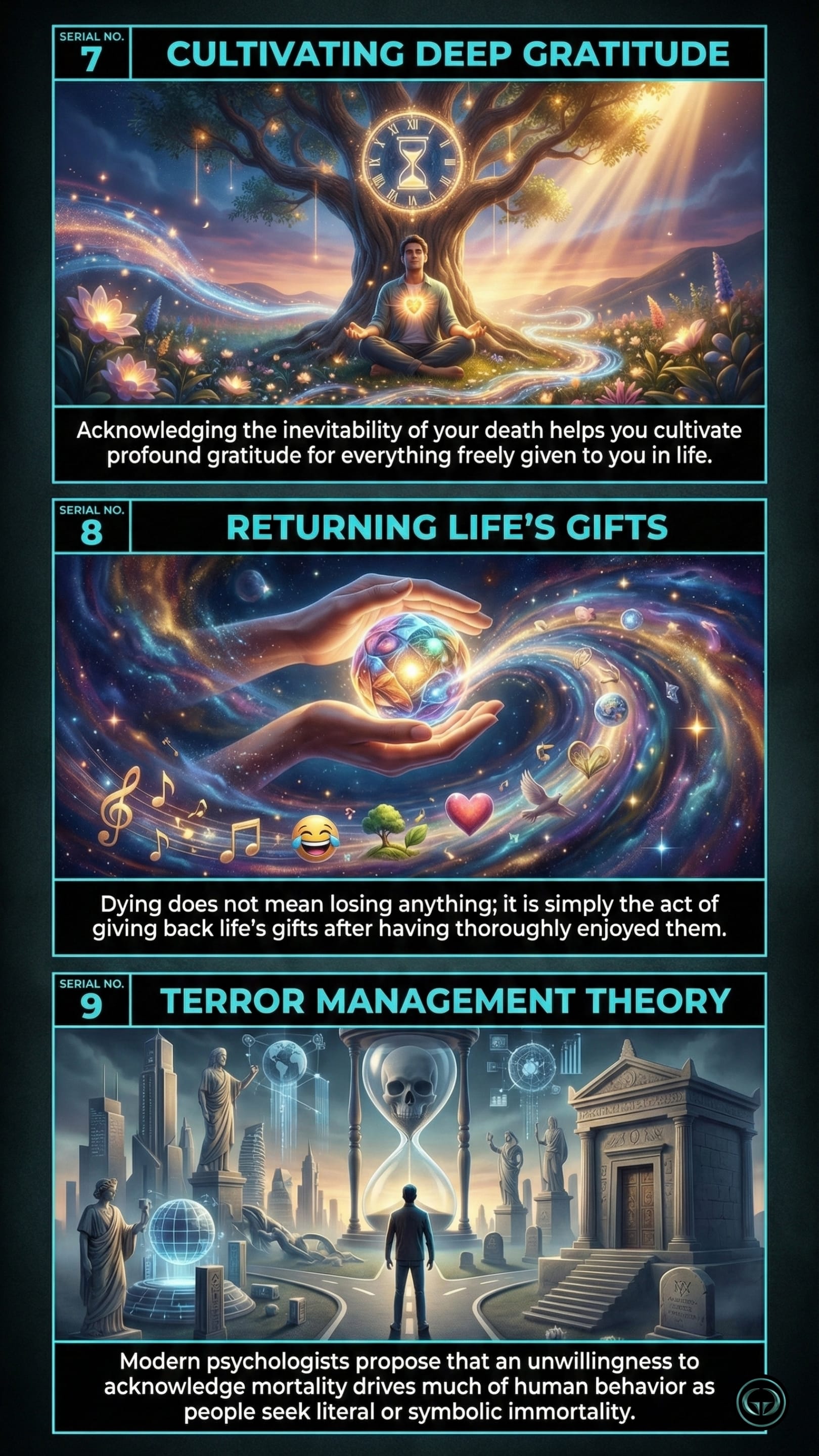 3D illustrated summary of Sadhguru's Death book covering deep gratitude for life, returning life's gifts at the time of passing, and the psychological Terror Management Theory.