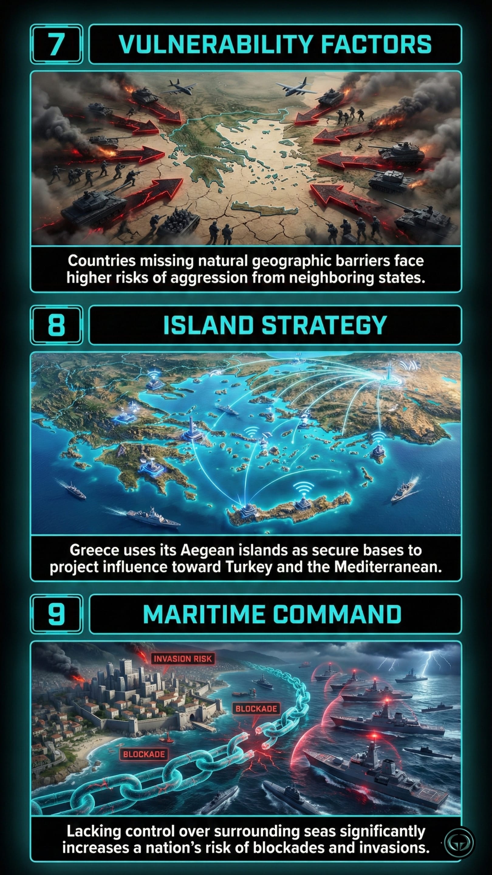 Panel 7: Vulnerability Factors. A map of Greece and the surrounding region with large red arrows pointing inward from all sides. Tanks and planes are shown at the borders, illustrating the risks faced by countries without natural geographic barriers. Panel 8: Island Strategy. A high-angle view of the Aegean Sea dotted with Greek islands. Glowing blue lines and signals connect the islands to naval ships and a central tower, showing how islands serve as strategic bases for influence. Panel 9: Maritime Command. A coastal city under threat, with a giant, glowing blue chain link breaking in the water. Naval destroyers and submarines are positioned nearby, representing the danger of blockades and the necessity of controlling the sea.