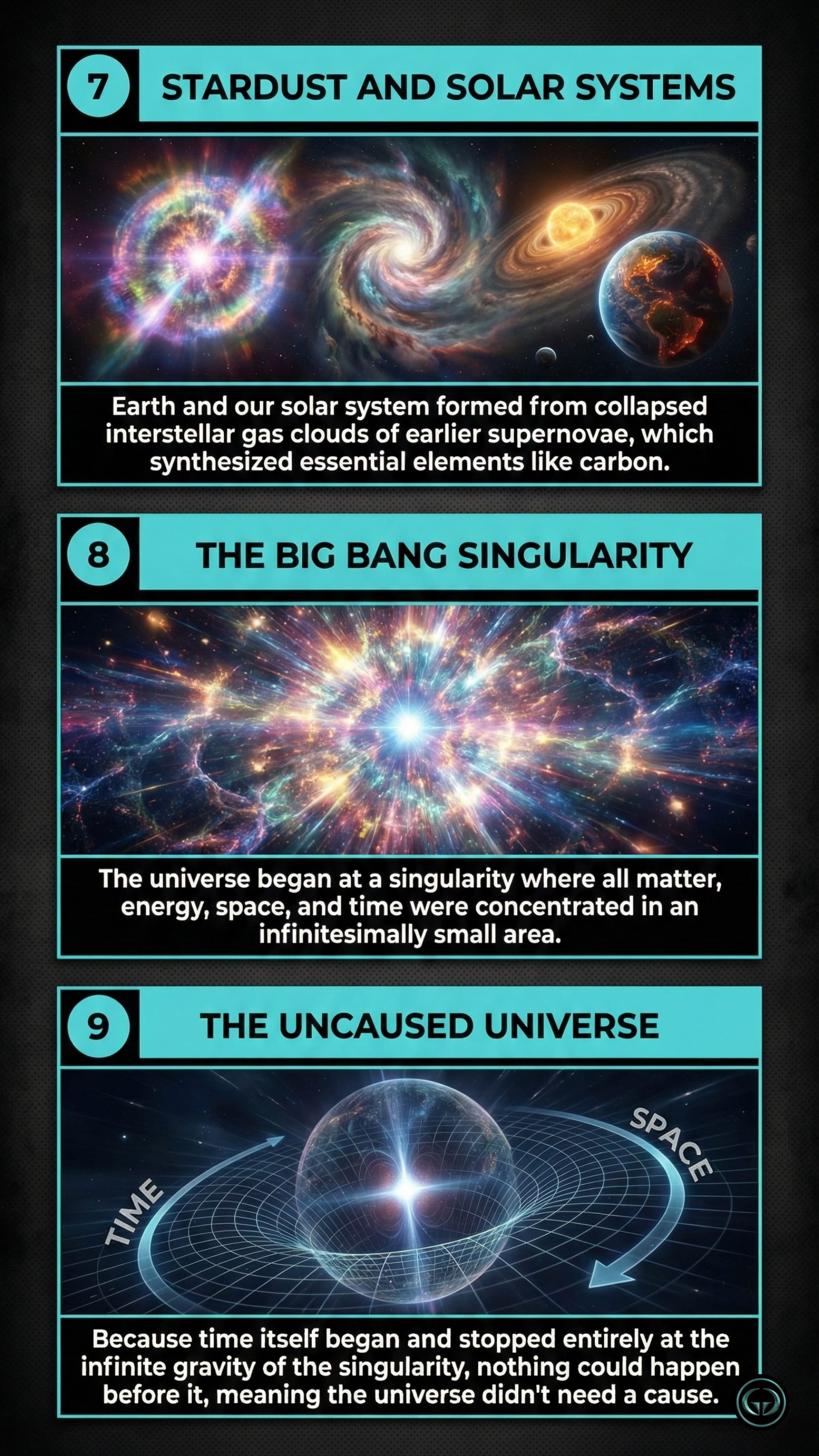 Stephen Hawking's Brief Answers to the Big Questions visual insights 7 to 9 by Graphic Gyaan. Cosmic illustrations showing Stardust and Solar Systems, The Big Bang Singularity, and The Uncaused Universe.