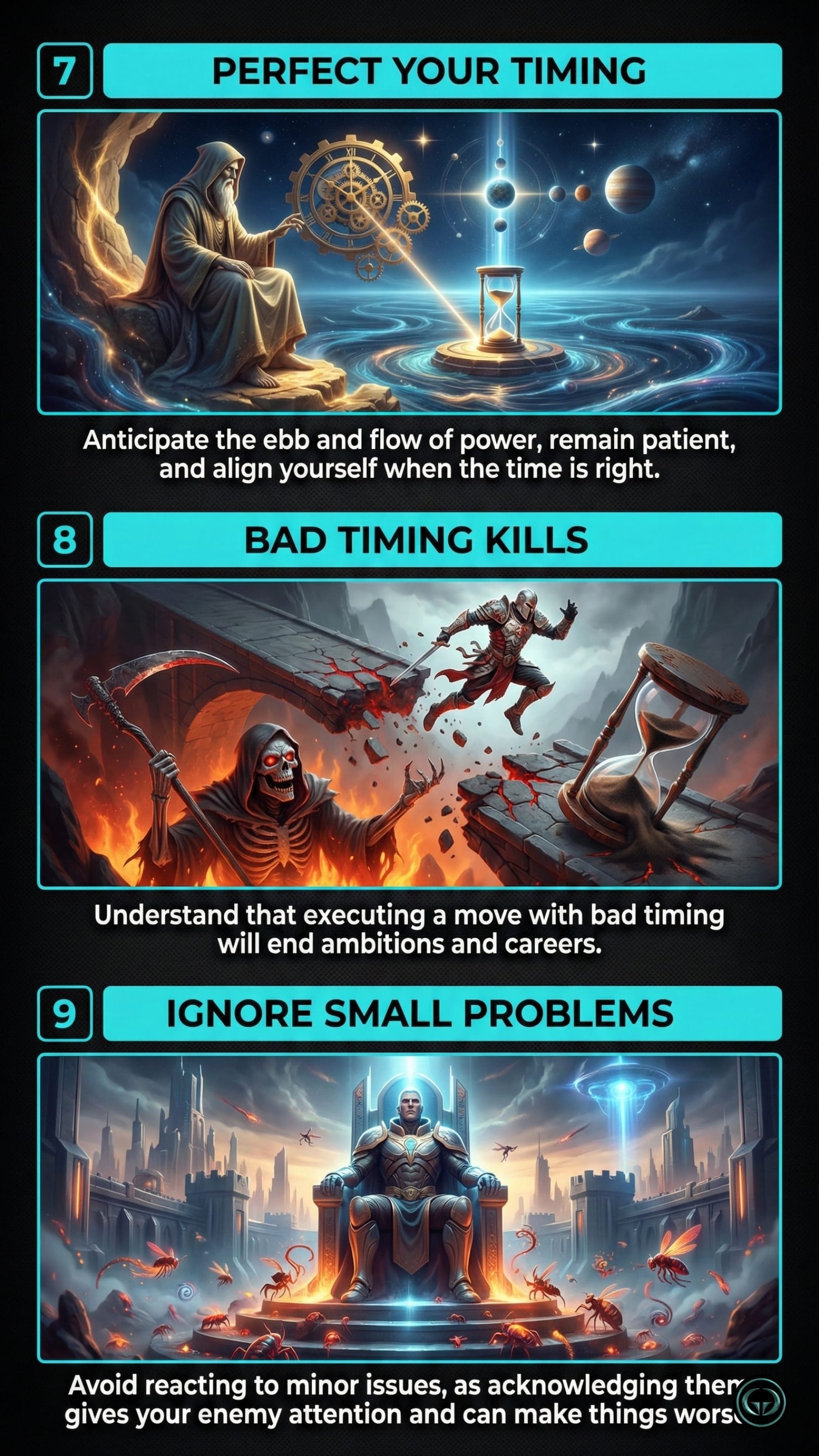 The 48 Laws of Power graphic illustrations. Visuals of an old wizard controlling a cosmic hourglass, a grim reaper destroying a stone bridge, and a king on a throne ignoring glowing insects for Laws 7 through 9.