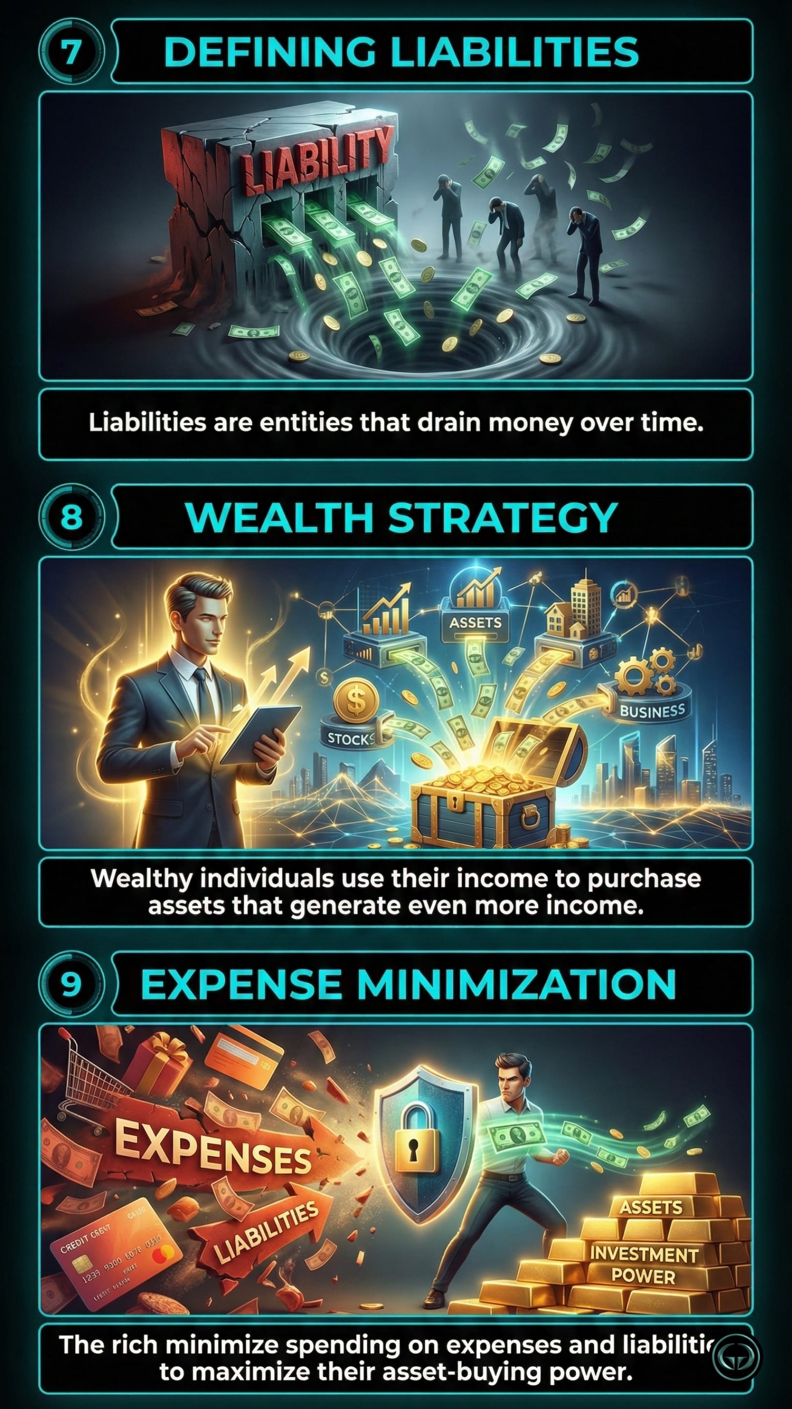 Infographic illustrating three Rich Dad Poor Dad insights: Top panel shows liabilities draining personal wealth; Middle panel depicts Robert Kiyosaki's wealth strategy of reinvesting income into assets; Bottom panel visualizes minimizing expenses to maximize asset purchasing power.