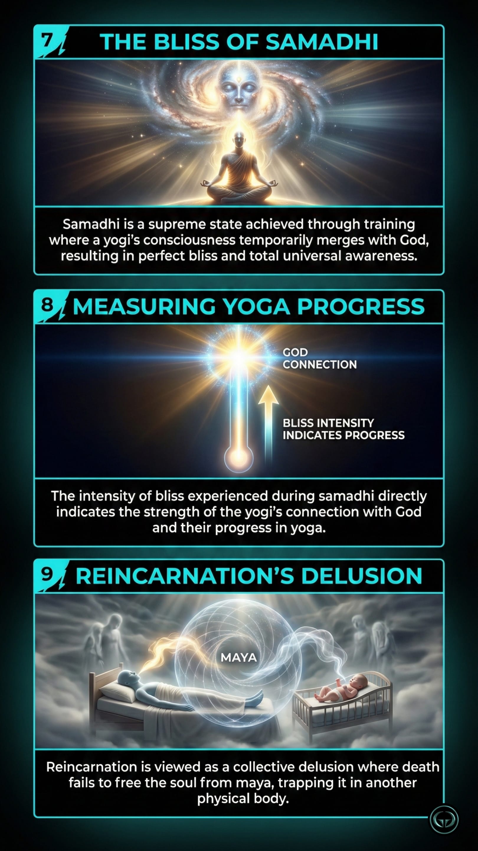 Infographic illustrating three Autobiography of a Yogi insights by Paramahansa Yogananda: Top panel shows the bliss of Samadhi; Middle panel depicts measuring yoga progress through divine connection; Bottom panel visualizes the delusion of reincarnation.
