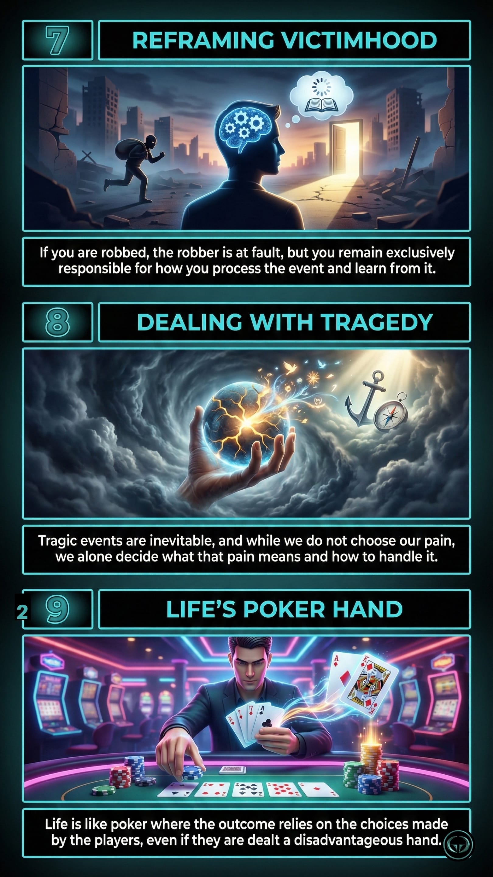 Infographic illustrating three The Subtle Art of Not Giving a F*ck insights by Mark Manson: Top panel shows reframing victimhood by controlling your internal response; Middle panel depicts deciding the meaning of inevitable tragedy; Bottom panel visualizes life as a poker hand where strategic choices matter more than initial conditions.