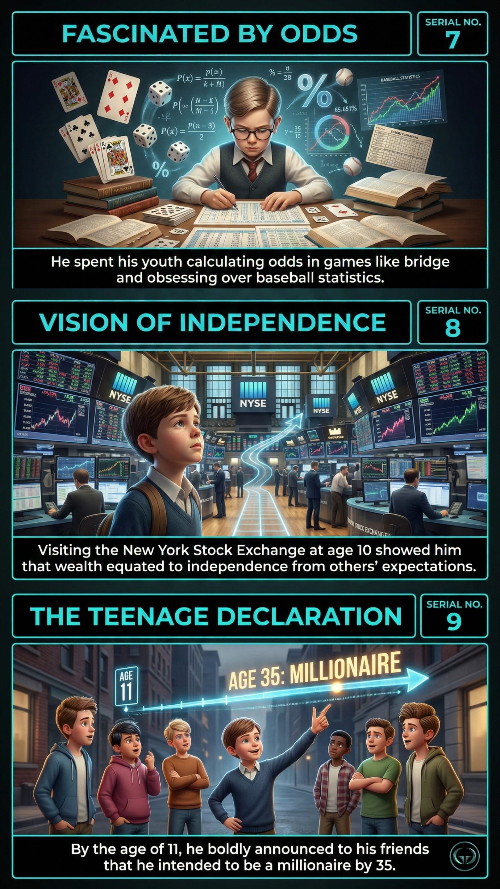 Infographic of The Snowball by Alice Schroeder: Top panel shows a youth calculating odds in bridge and baseball; Middle depicts a 10-year-old at the NYSE seeking financial independence; Bottom visualizes his bold declaration to be a millionaire by age 35.
