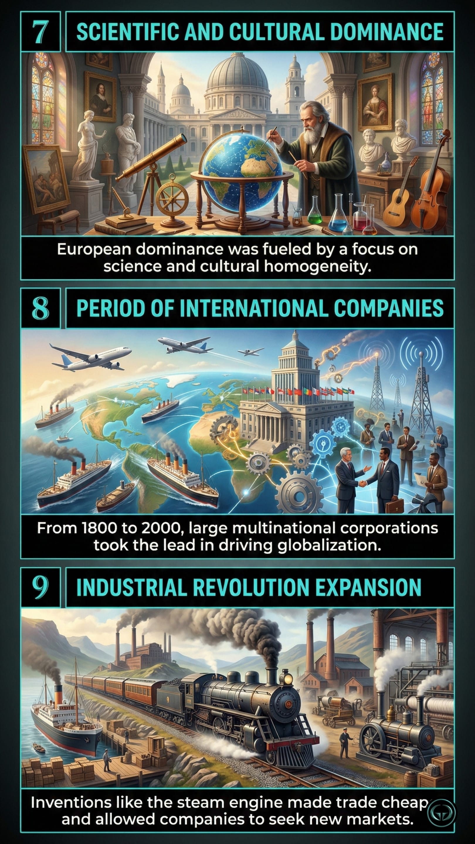 Infographic illustrating three The World Is Flat insights by Thomas L. Friedman: Top panel shows European scientific and cultural dominance; Middle panel depicts multinational corporations driving globalization from 1800 to 2000; Bottom panel visualizes Industrial Revolution inventions expanding trade.