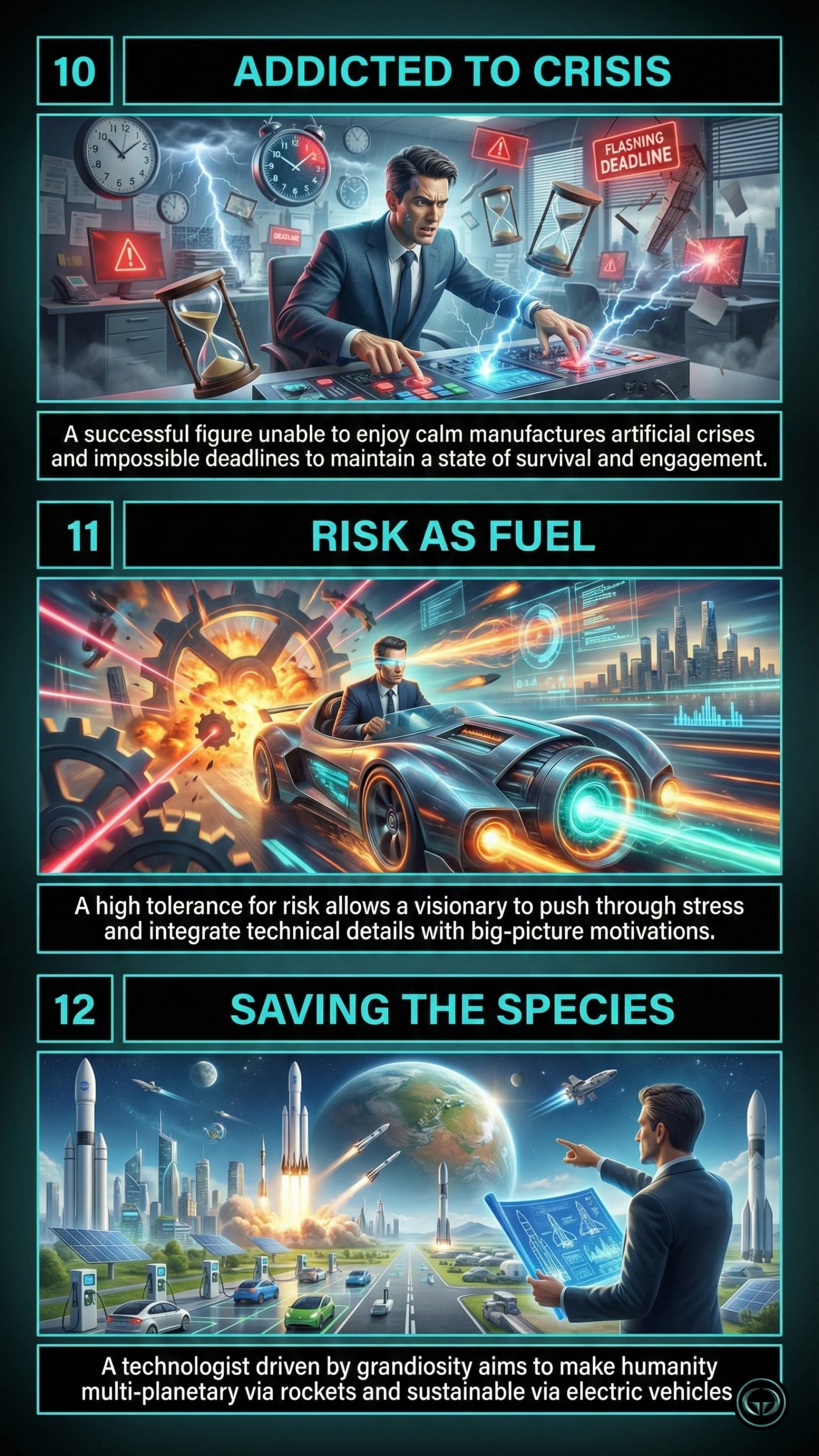 Insights on Elon Musk's drive from Walter Isaacson's book. Panel 10 (Addicted to Crisis) shows a businessman manufacturing deadlines to maintain urgency. Panel 11 (Risk as Fuel) depicts a visionary using high risk tolerance to push through stress. Panel 12 (Saving the Species) illustrates the goal of making humanity multi-planetary and sustainable.