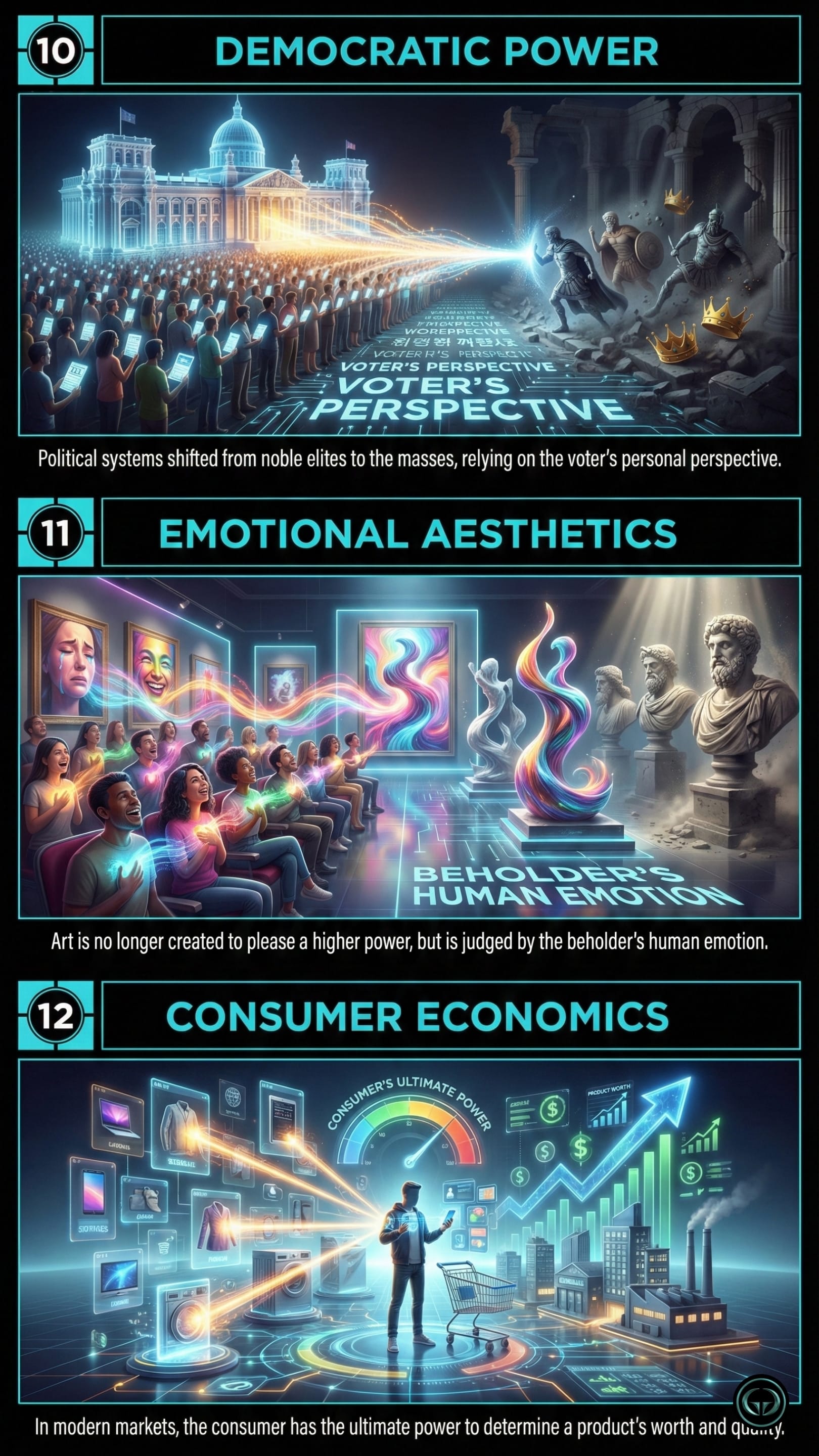 Homo Deus graphic panels illustrating Humanist applications: 10. Democratic Power showing the shift to the voter’s perspective; 11. Emotional Aesthetics depicting art judged by human emotion; 12. Consumer Economics showing the consumer’s power in modern markets.