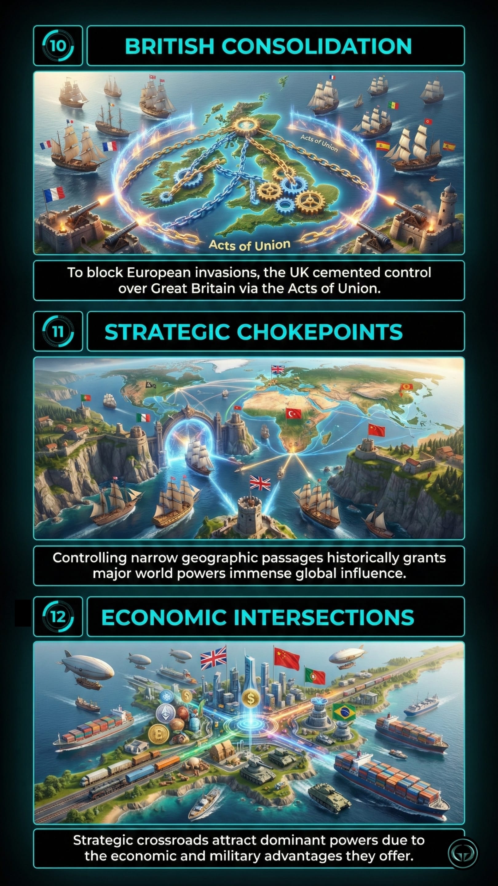 Panel 10: British Consolidation. A map of the British Isles surrounded by a glowing ring and a heavy chain labeled "Acts of Union." Historical sailing ships representing European powers (France, Spain) are kept at bay by coastal cannons. Panel 11: Strategic Chokepoints. A global map focusing on narrow maritime passages like the Strait of Gibraltar. Glowing gates and flags of world powers (UK, Turkey, China) mark these locations, showing their role in global influence. Panel 12: Economic Intersections. A futuristic transport hub where shipping containers, trains, and airships converge at a central point marked with a dollar sign. Flags of various nations (UK, China, Brazil) surround the hub, highlighting the economic value of strategic crossroads.