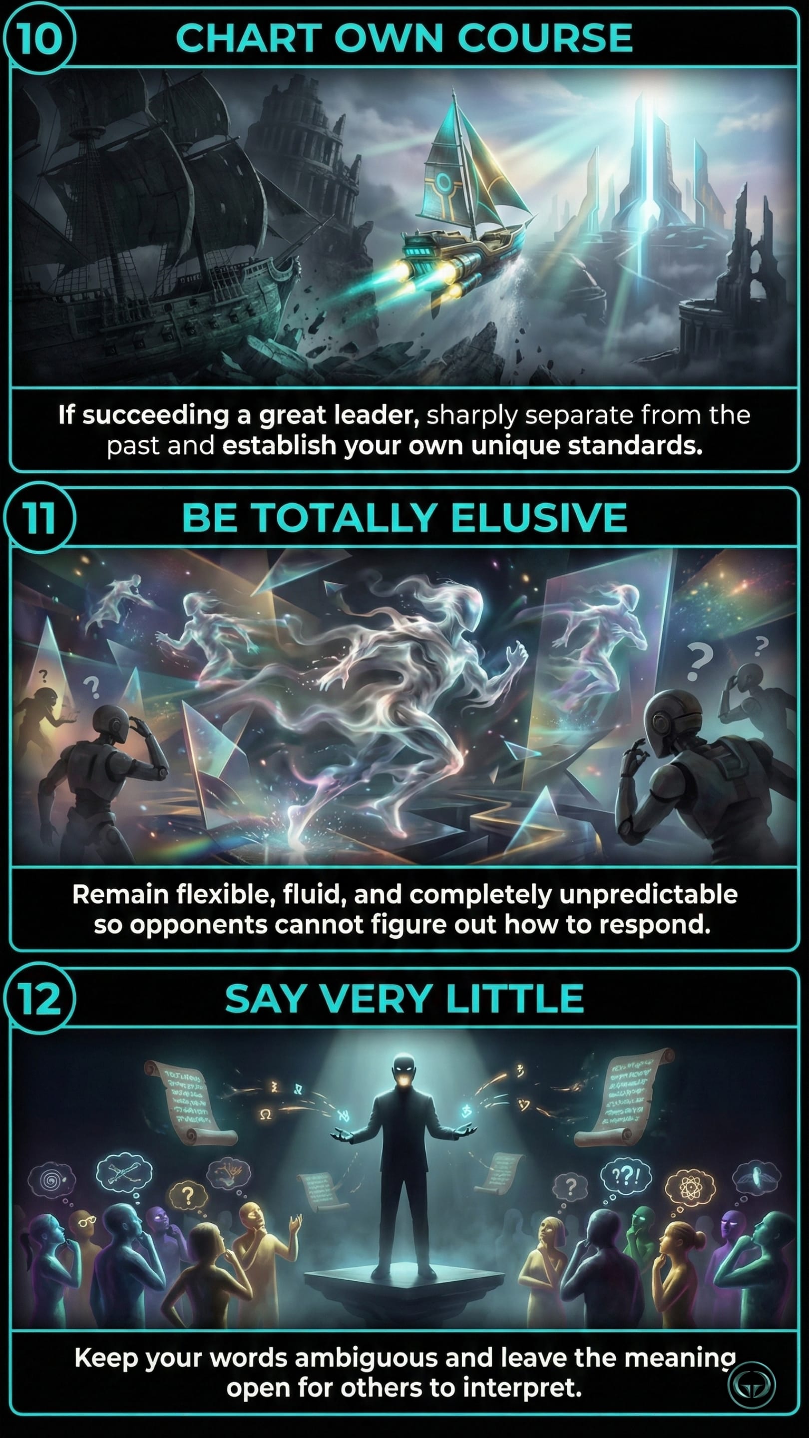 Robert Greene's 48 Laws of Power visual guide. Depicts a futuristic flying ship charting a new course, a phasing elusive glowing figure, and a silhouetted man projecting ambiguous floating symbols for Laws 10 to 12.