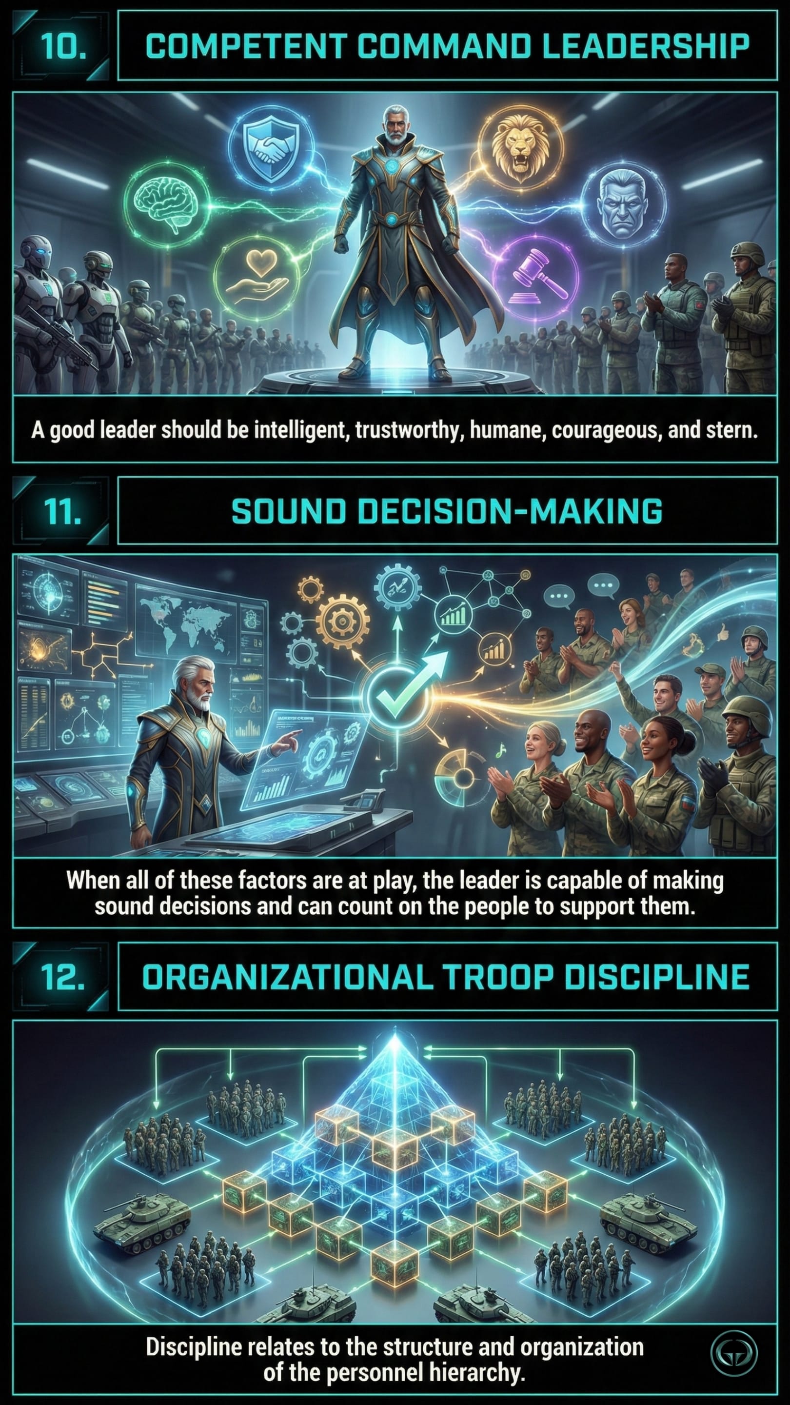 The Art of War leadership principles: 10. Competent command leadership showing a general with icons for intelligence, courage, and trust. 11. Sound decision-making featuring a leader at a high-tech tactical console. 12. Organizational troop discipline depicted by a glowing blue hierarchy pyramid.