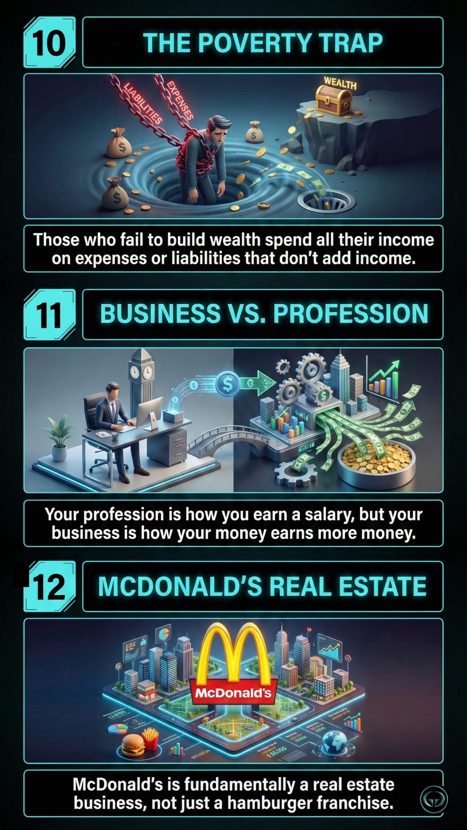 Infographic illustrating three insights from Robert Kiyosaki's Rich Dad Poor Dad: Top panel shows the poverty trap of spending on liabilities; Middle panel depicts the difference between a profession and a wealth-generating business; Bottom panel visualizes corporate real estate investment strategy.