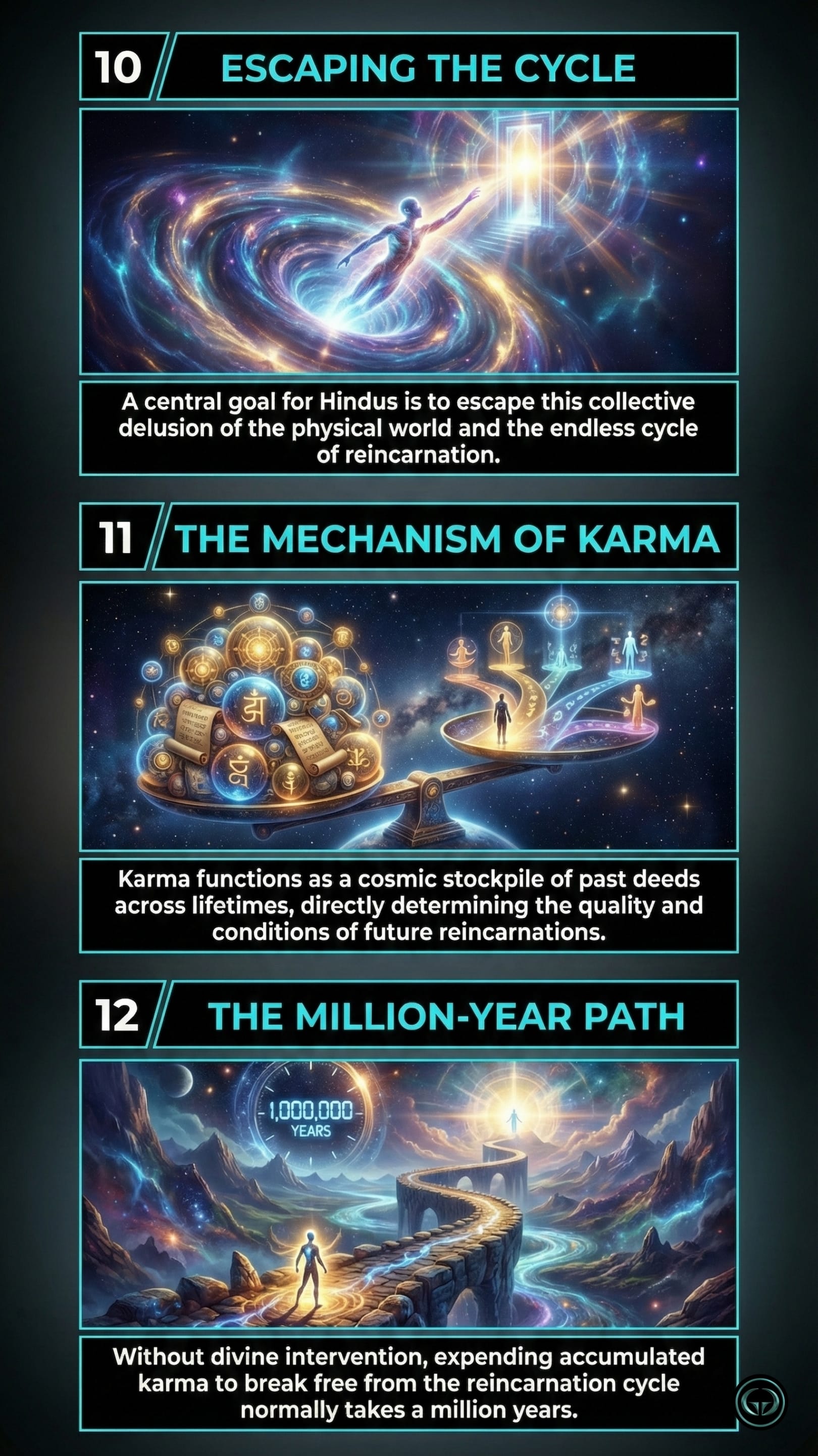 Infographic illustrating three Autobiography of a Yogi insights by Paramahansa Yogananda: Top panel shows escaping the reincarnation cycle; Middle panel depicts the cosmic mechanism of karma; Bottom panel visualizes the million-year path of natural human evolution.