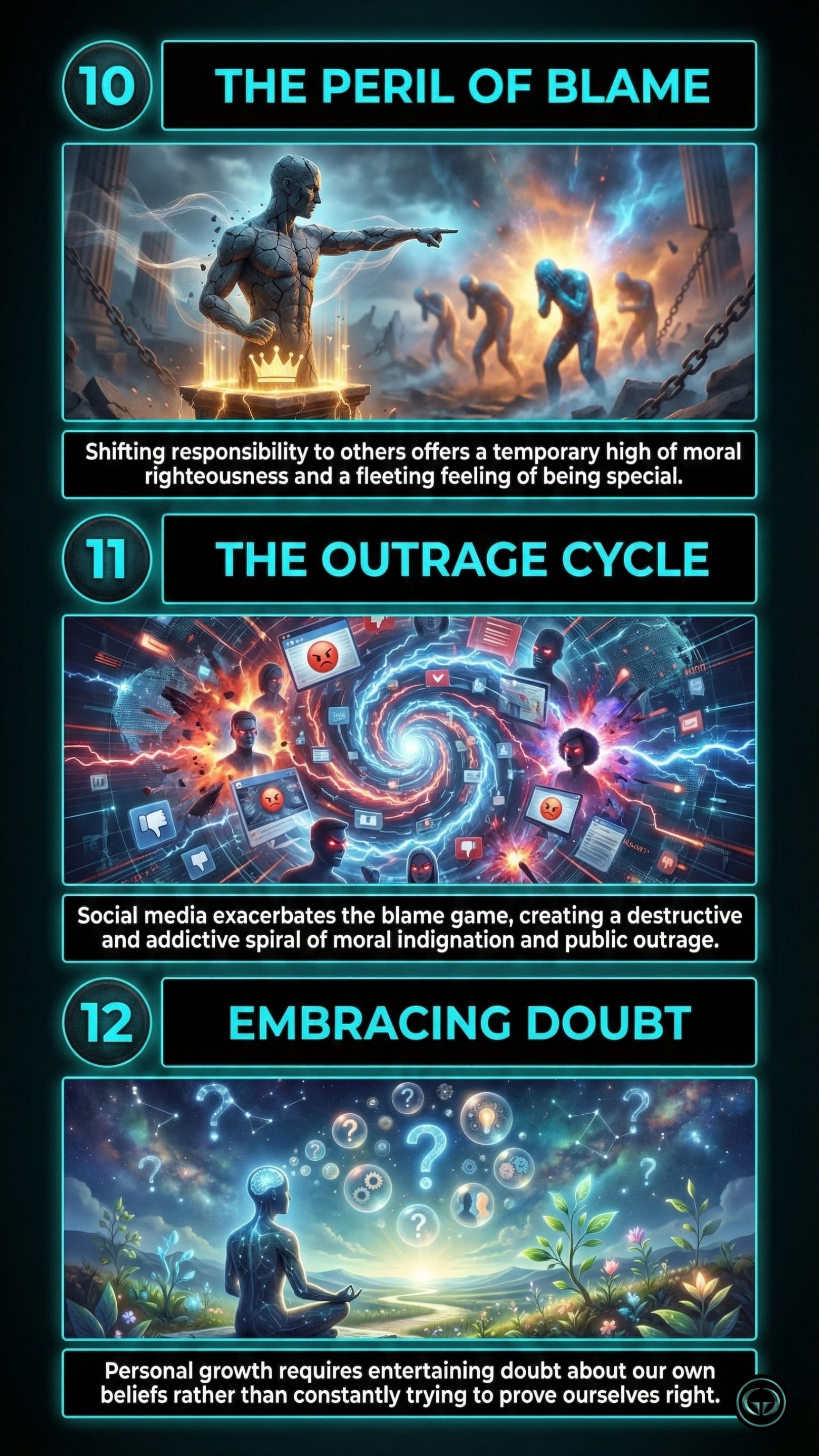 Infographic illustrating three The Subtle Art of Not Giving a F*ck insights by Mark Manson: Top panel shows the destructive nature and false high of shifting blame; Middle panel depicts the toxic social media outrage cycle; Bottom panel visualizes embracing doubt and uncertainty for genuine personal growth.
