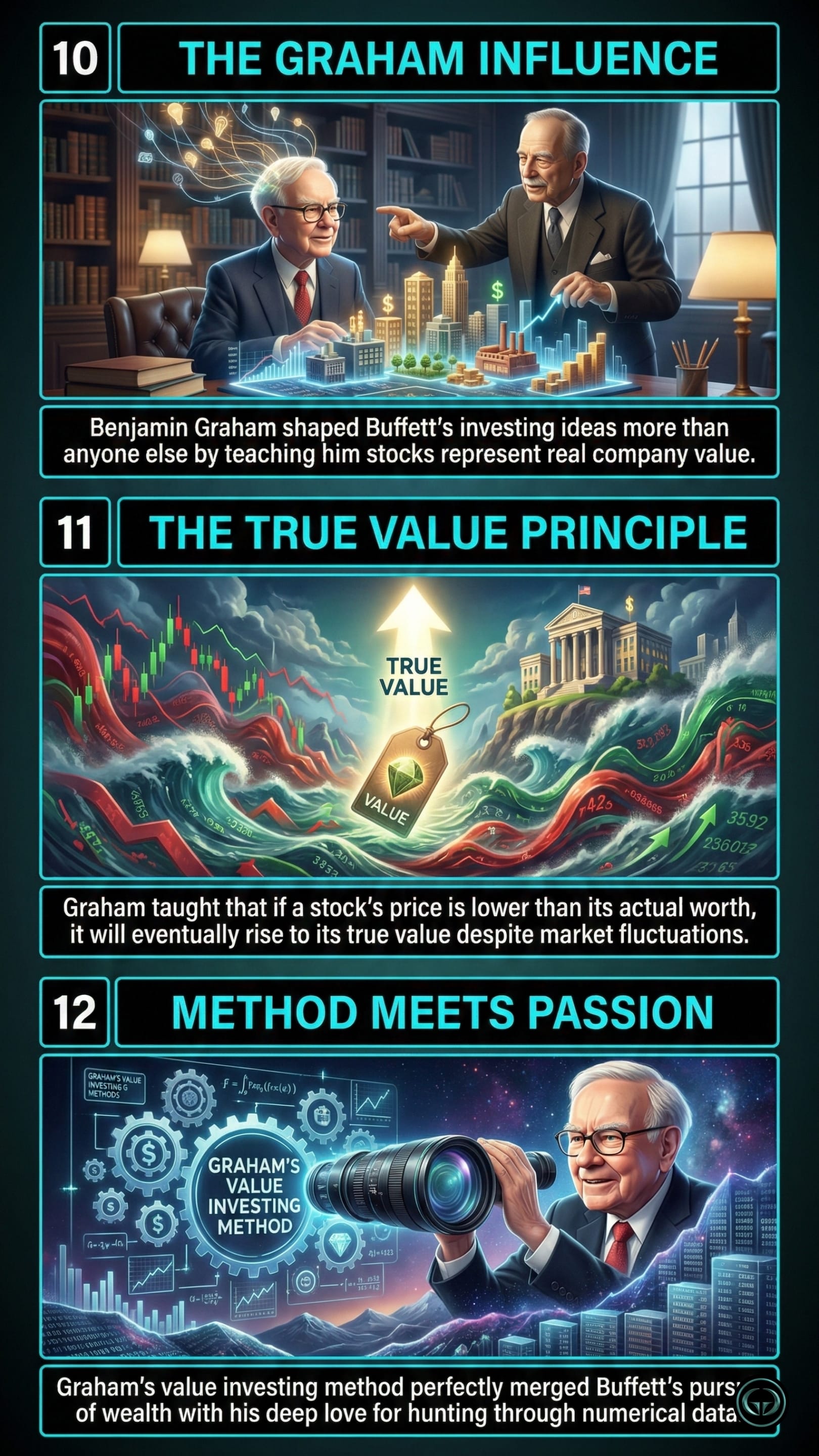 Infographic of The Snowball by Alice Schroeder: Top panel shows Benjamin Graham’s influence on Buffett’s strategy; Middle illustrates the True Value Principle of investing; Bottom depicts the Value Investing method merging with his passion for numerical data.