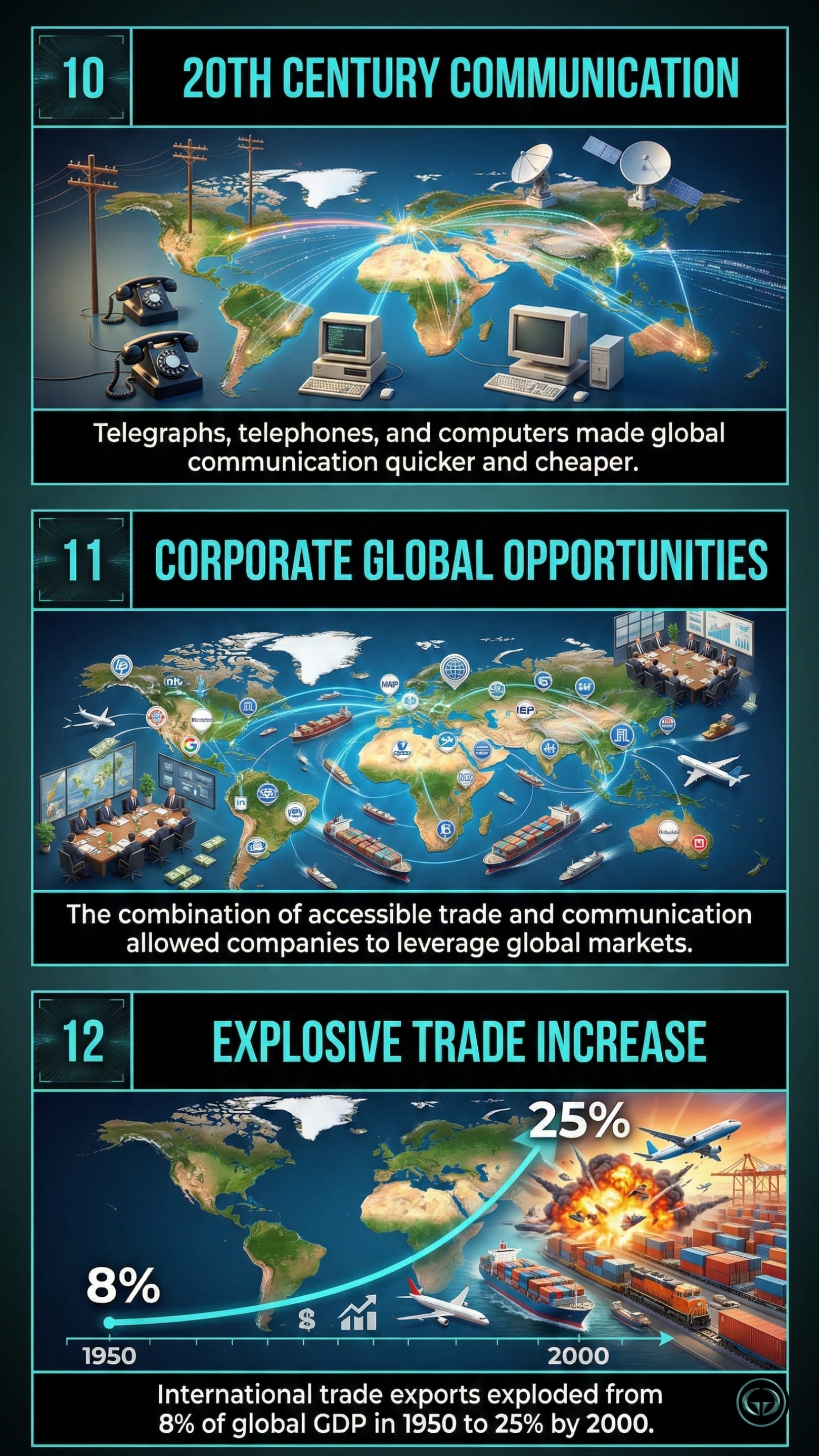 Infographic illustrating three The World Is Flat insights by Thomas L. Friedman: Top panel shows 20th-century tech making global communication cheaper; Middle panel depicts companies leveraging connected global markets; Bottom panel visualizes the explosive 25 percent increase in international trade by 2000.