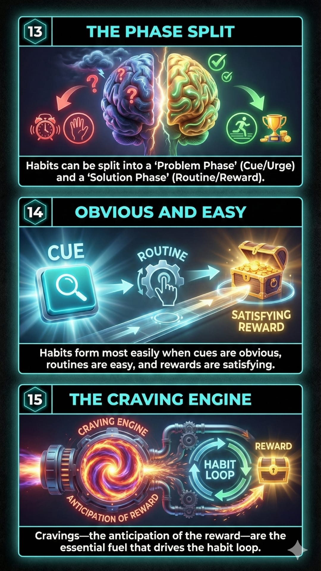 Panel 13: A graphic insight of the book 'The Power Of Habit' titled "The Phase Split," showing a brain divided into a red "Problem Phase" (Cue/Urge) and a green "Solution Phase" (Routine/Reward). Panel 14: A graphic insight of the book 'The Power Of Habit' titled "Obvious and Easy," showing a magnifying glass (Cue) leading to a gear (Routine) and a chest of gold (Reward). Panel 15: A graphic insight of the book 'The Power Of Habit' titled "The Craving Engine," depicting a swirling vortex of energy that fuels the anticipation of a reward within the habit loop.