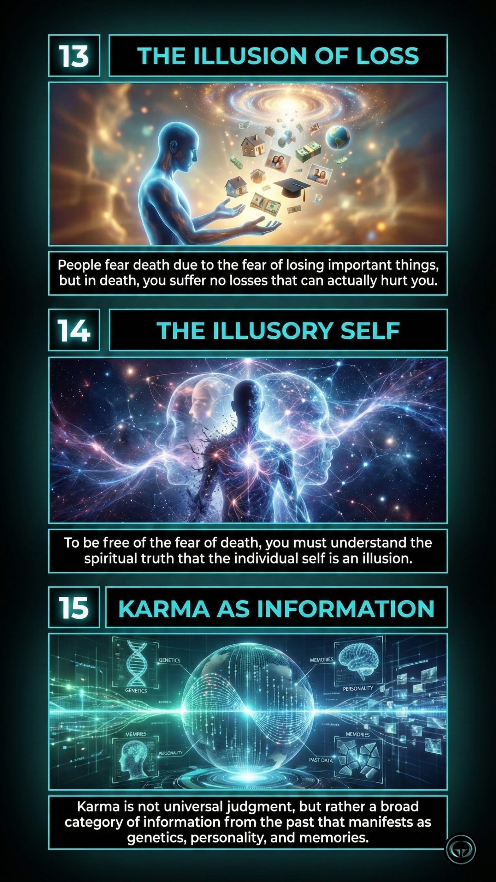 Graphic Gyaan infographic for Sadhguru's book Death illustrating the illusion of loss, the spiritual truth of the illusory self, and Karma defined as genetic and memory information.