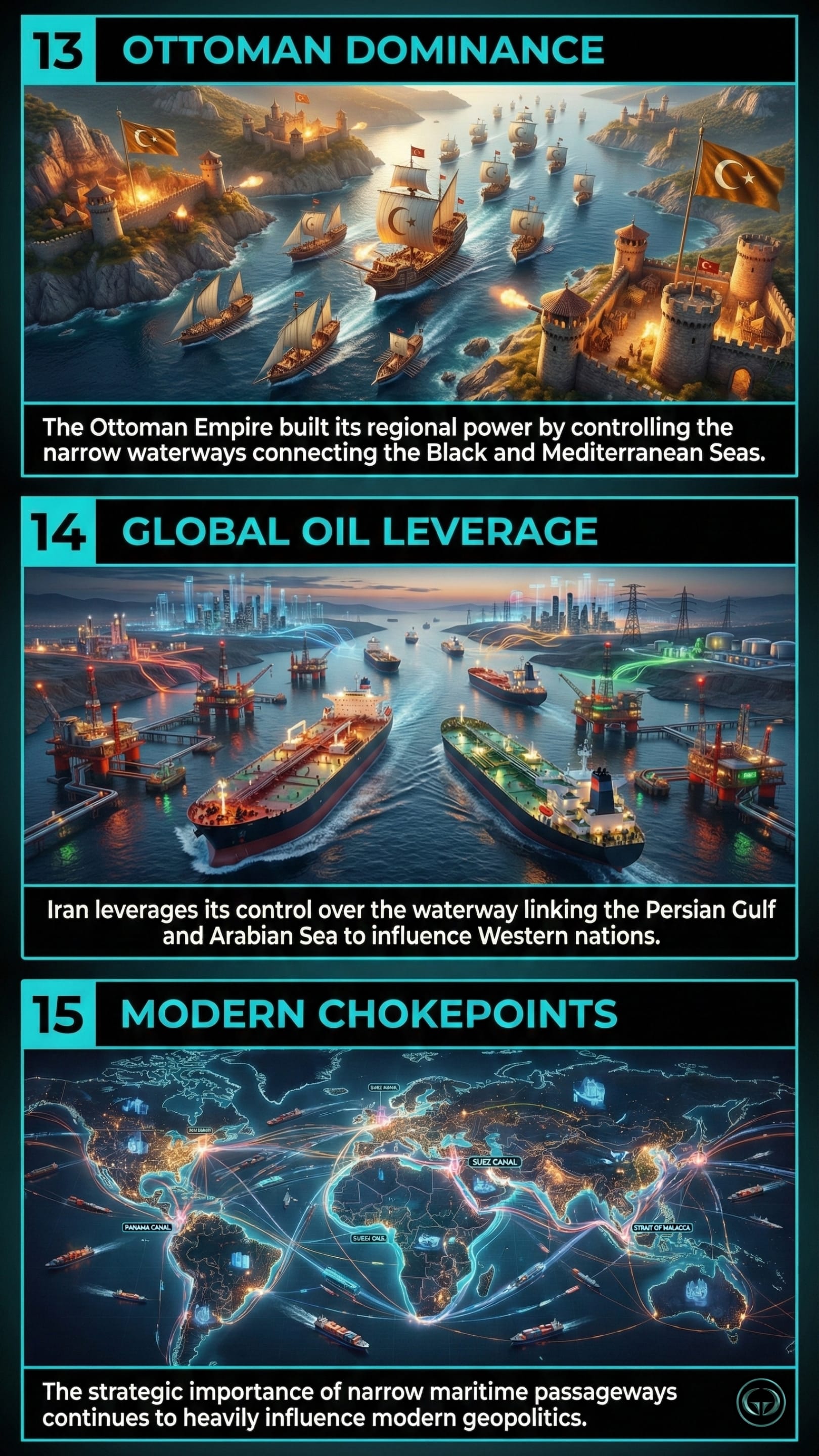 Panel 13: Ottoman Dominance. A fleet of Ottoman ships with crescent-moon sails navigating a narrow, fortified strait. Fortresses on either side of the waterway fire cannons, illustrating historical control over the Black and Mediterranean Seas. Panel 14: Global Oil Leverage. A fleet of massive oil tankers moving through a narrow waterway at night, flanked by glowing oil rigs and a modern city skyline. This depicts Iran's leverage over the Strait of Hormuz. Panel 15: Modern Chokepoints. A dark world map with glowing "heat maps" of trade routes. Key maritime passages like the Suez Canal, Panama Canal, and Strait of Malacca are highlighted with labels, showing their continued importance in modern geopolitics.