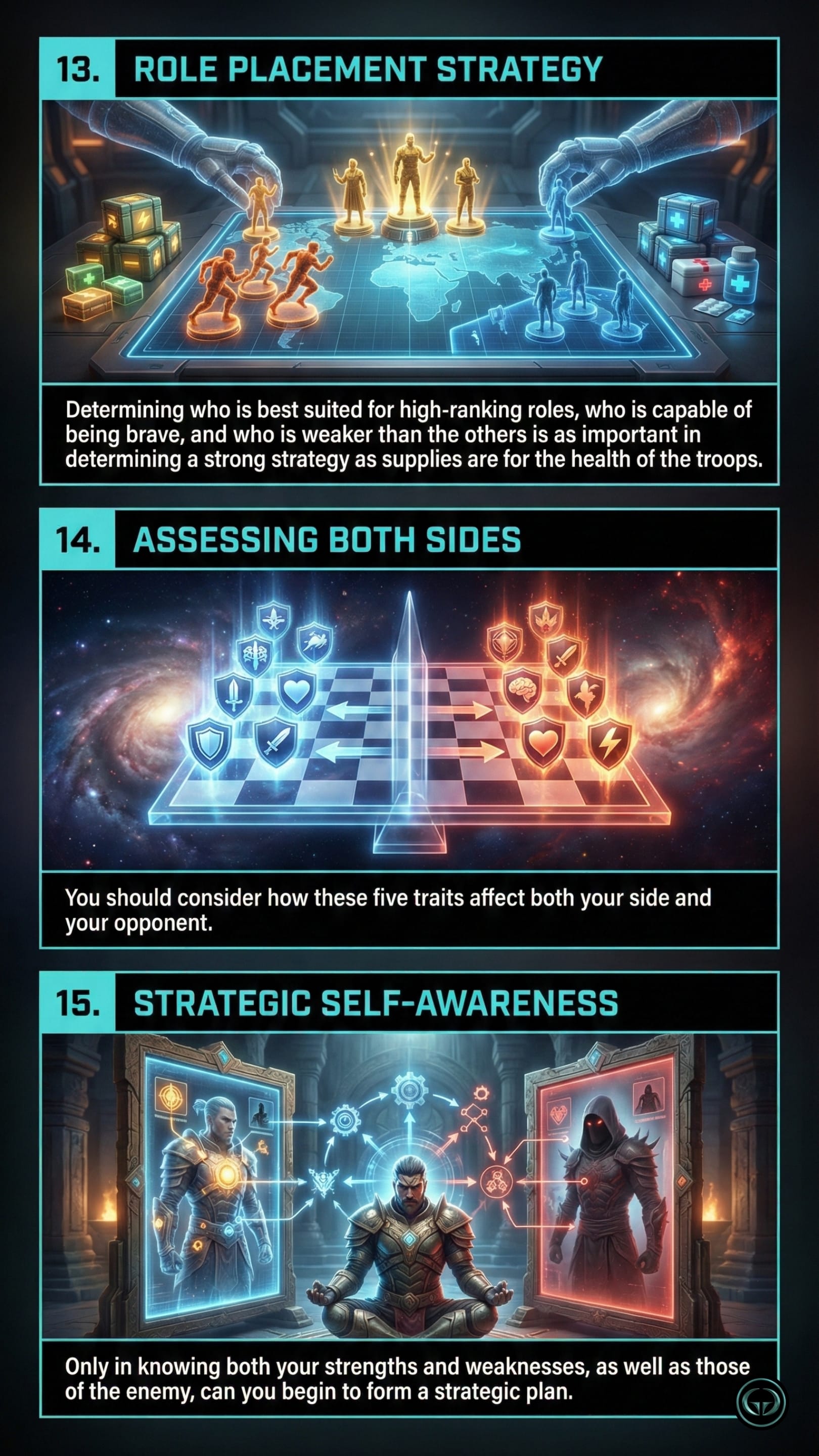 Strategic planning insights from Sun Tzu: 13. Role placement strategy showing giant hands moving golden figures on a world map. 14. Assessing both sides featuring a blue vs. red strategic chessboard. 15. Strategic self-awareness showing a warrior meditating between reflections of his own strengths and enemy's shadows.