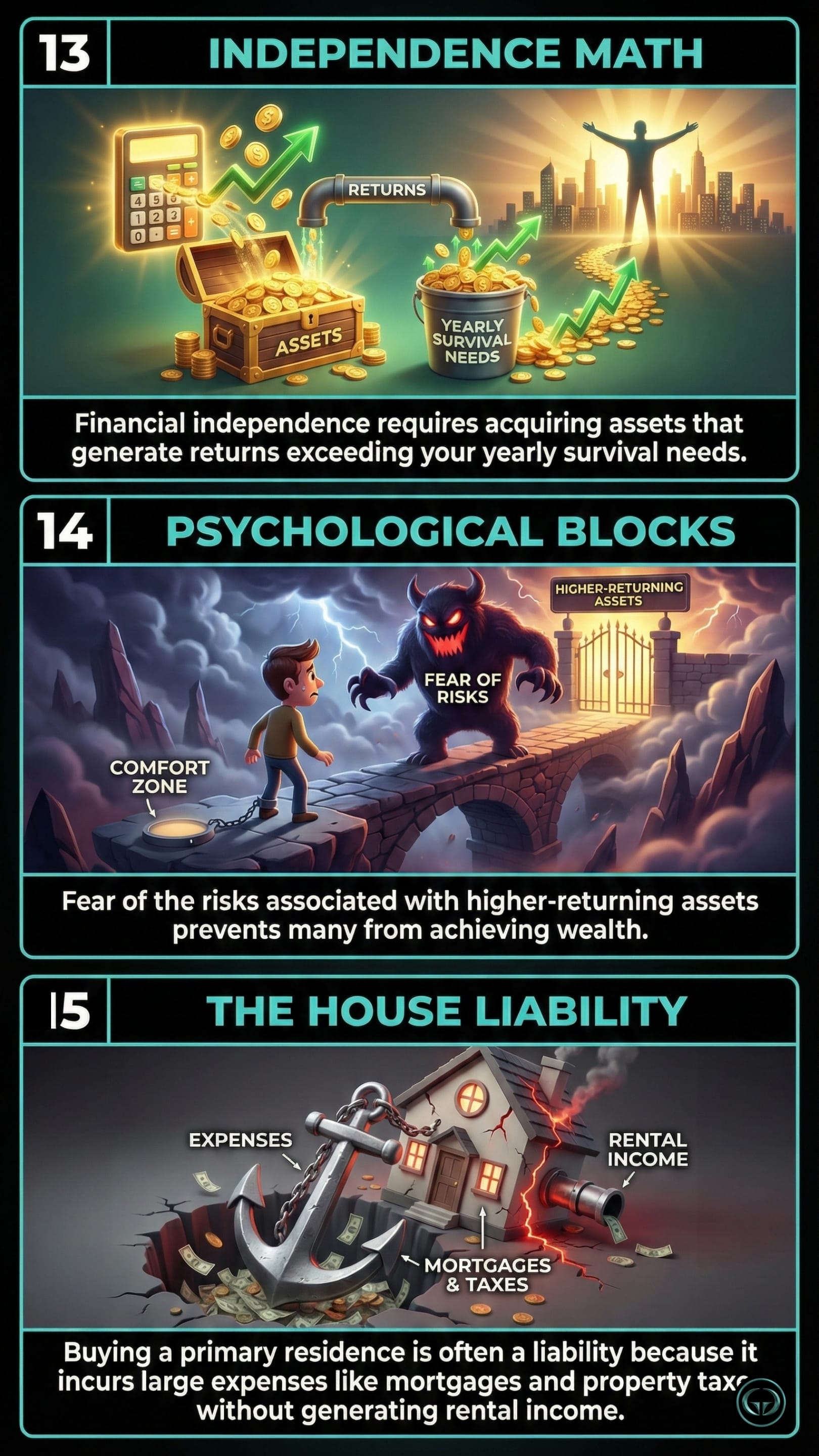 Infographic illustrating three Rich Dad Poor Dad insights by Robert Kiyosaki: Top panel shows financial independence math where asset returns exceed expenses; Middle panel depicts overcoming psychological fear of investment risks; Bottom panel visualizes a primary residence as a financial liability.