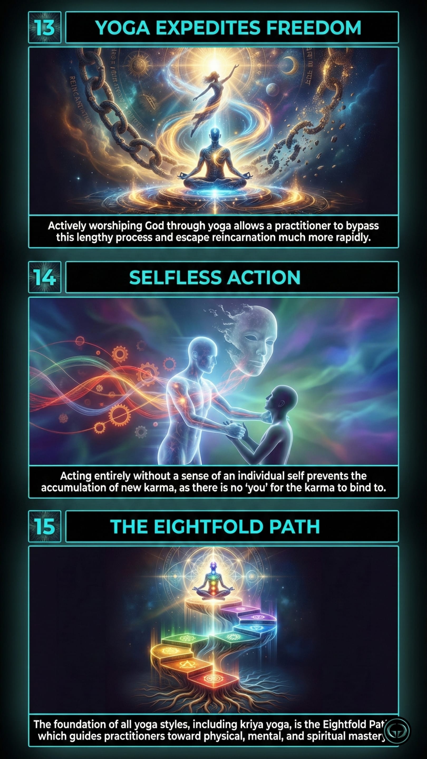 Infographic illustrating three Autobiography of a Yogi insights by Paramahansa Yogananda: Top panel shows yoga expediting spiritual freedom; Middle panel depicts selfless action preventing new karma; Bottom panel visualizes the foundational Eightfold Path.
