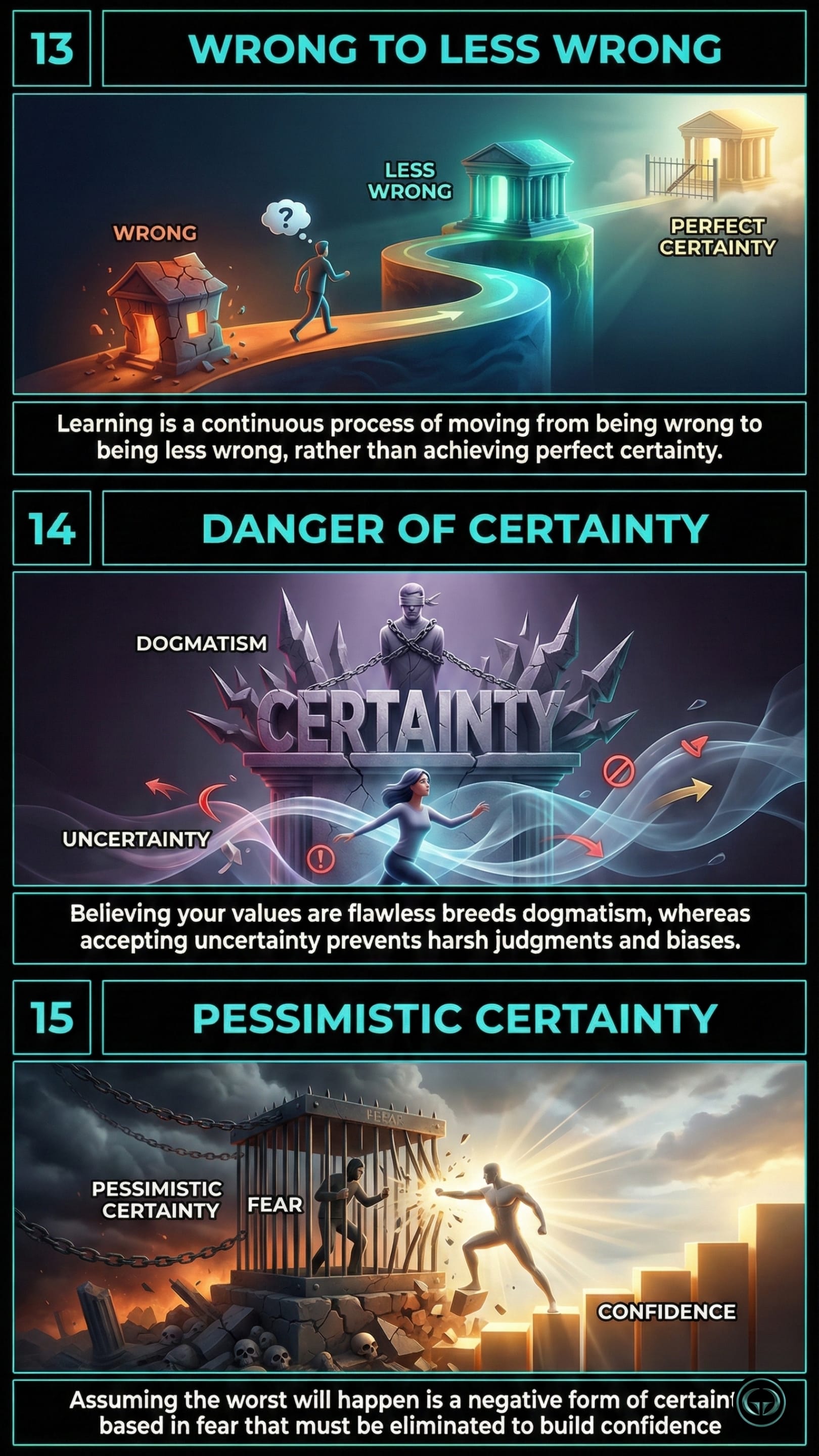Infographic illustrating three The Subtle Art of Not Giving a F*ck insights by Mark Manson: Top panel shows learning as a continuous journey from wrong to less wrong; Middle panel depicts the psychological dangers of dogmatism and perfect certainty; Bottom panel visualizes breaking free from the fear-based cage of pessimistic certainty.