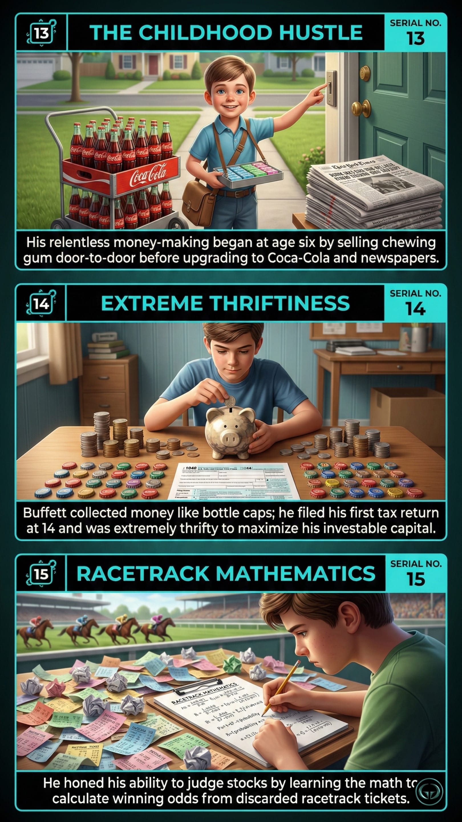 Infographic of The Snowball by Alice Schroeder: Top panel depicts his childhood hustle selling Coca-Cola; Middle shows his extreme thriftiness and first tax return at 14; Bottom visualizes racetrack mathematics used to calculate winning investment odds.