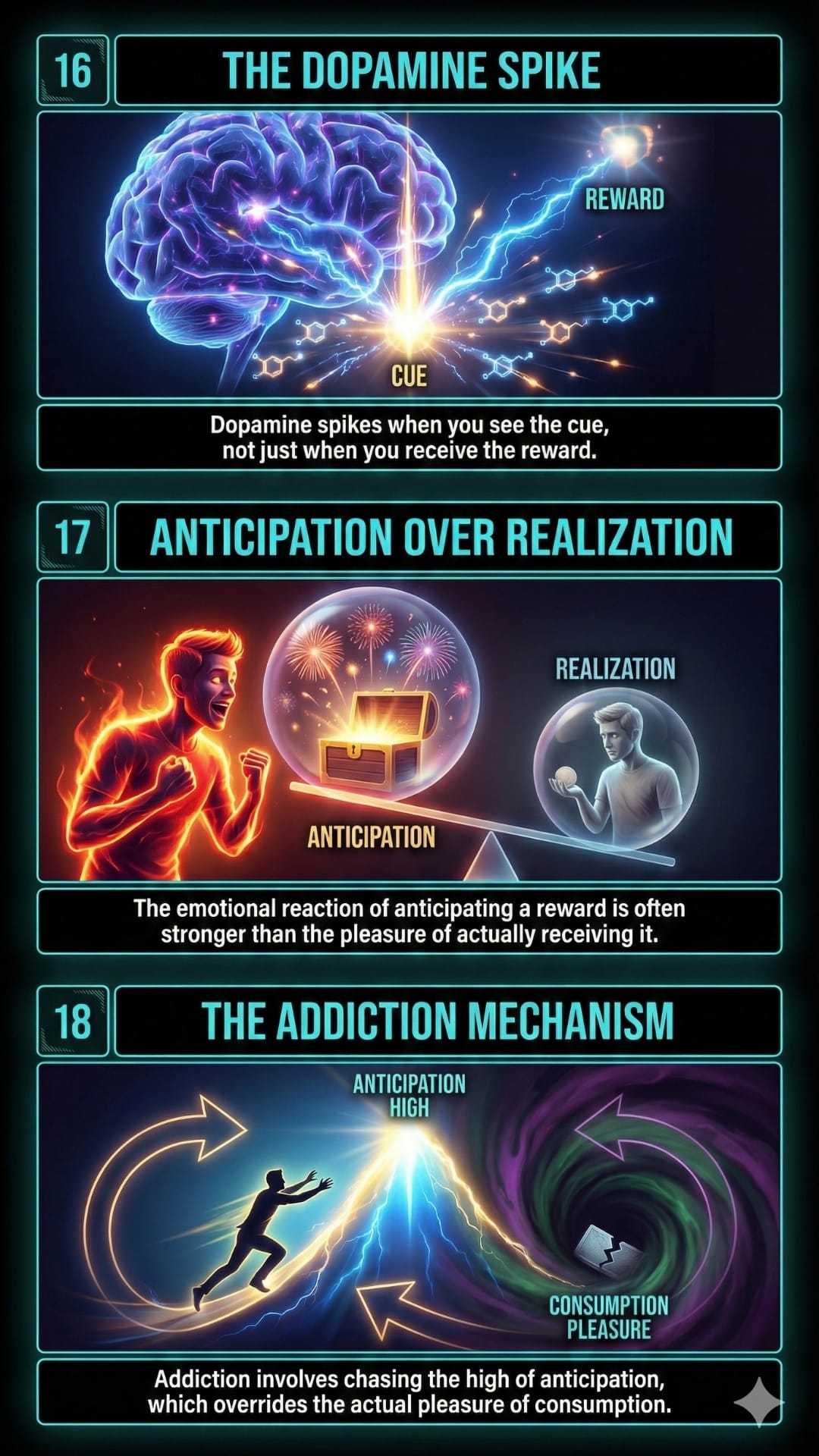 Panel 16: A graphic insight of the book 'The Power Of Habit' titled "The Dopamine Spike," showing dopamine molecules surging the moment a cue is seen, rather than at the reward. Panel 17: A graphic insight of the book 'The Power Of Habit' titled "Anticipation Over Realization," showing a person much more excited for a closed treasure chest than an open one. Panel 18: A graphic insight of the book 'The Power Of Habit' titled "The Addiction Mechanism," showing a person chasing a high peak of anticipation while the actual "consumption pleasure" is much lower.